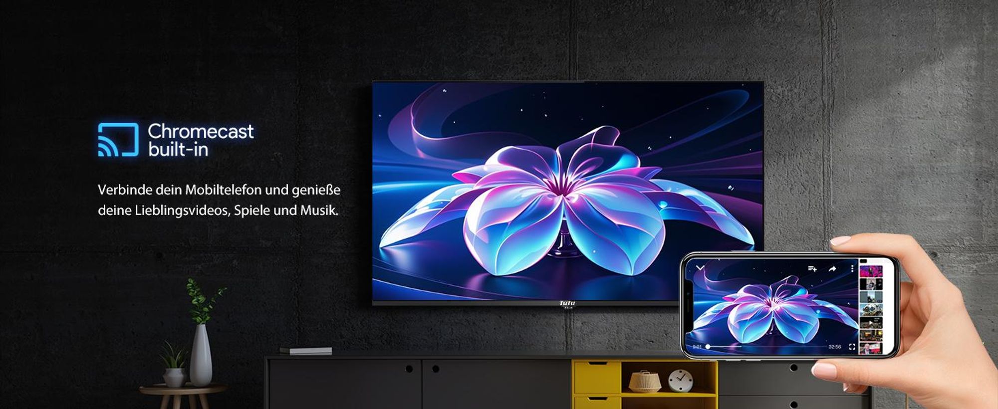 TuTu Android Smart TV - QLED 4K Ultra HD - 43 Zoll/109 cm - Randlos Design - Tripple Tuner DVB-T/T2/S/S2/C - HDMI x3, USB x2, CI+ - Sprachsteuerung & Streaming-Apps - Montiert in Eindhoven, Niederlande - TUQ43UN1