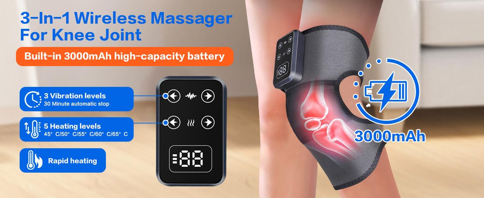 Kniemassagegerät, Knie Massagegerät mit Wärme, 3 Massagemodi, mit 3000mAh Akku, LCD - Touch & Auto - Abschaltung, für Knie, Ellbogen & Schultern