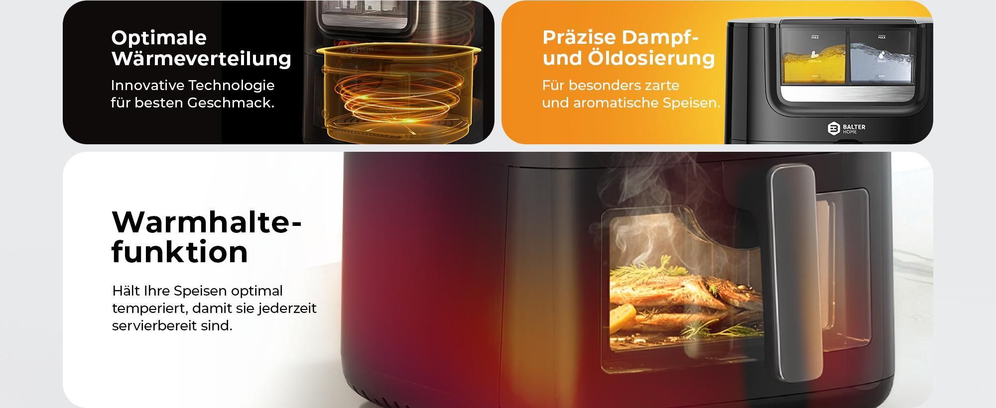 Balter Heißluftfritteuse 7,2L mit Sichtfenster, 1800W, Öl- & Wasser-Spray, Airfryer, 10 Programme, Touchbedienung, 100 Rezepte, Edelstahl, Schwarz