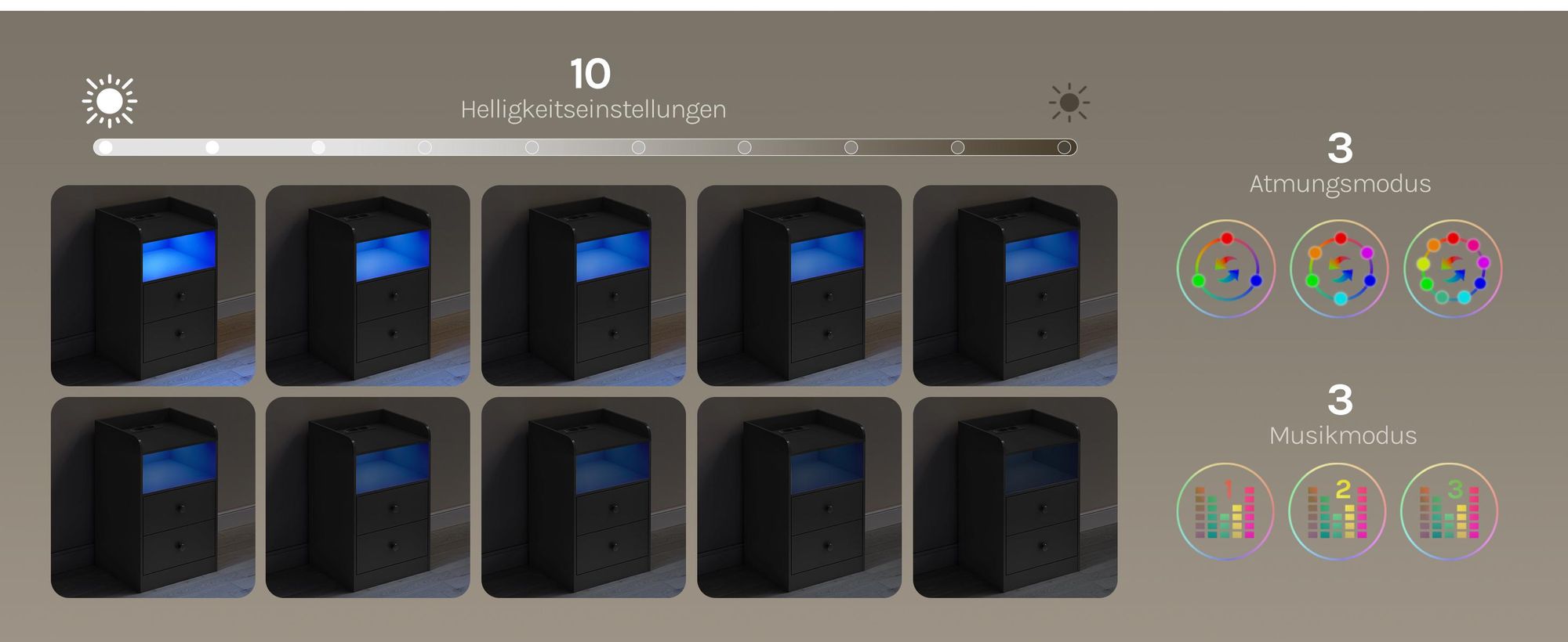 WOLTU Nachttisch Nachtschrank, Ladefunktion LED-Licht, 2 Steckdosen 2 USB, Holz, Schwarz