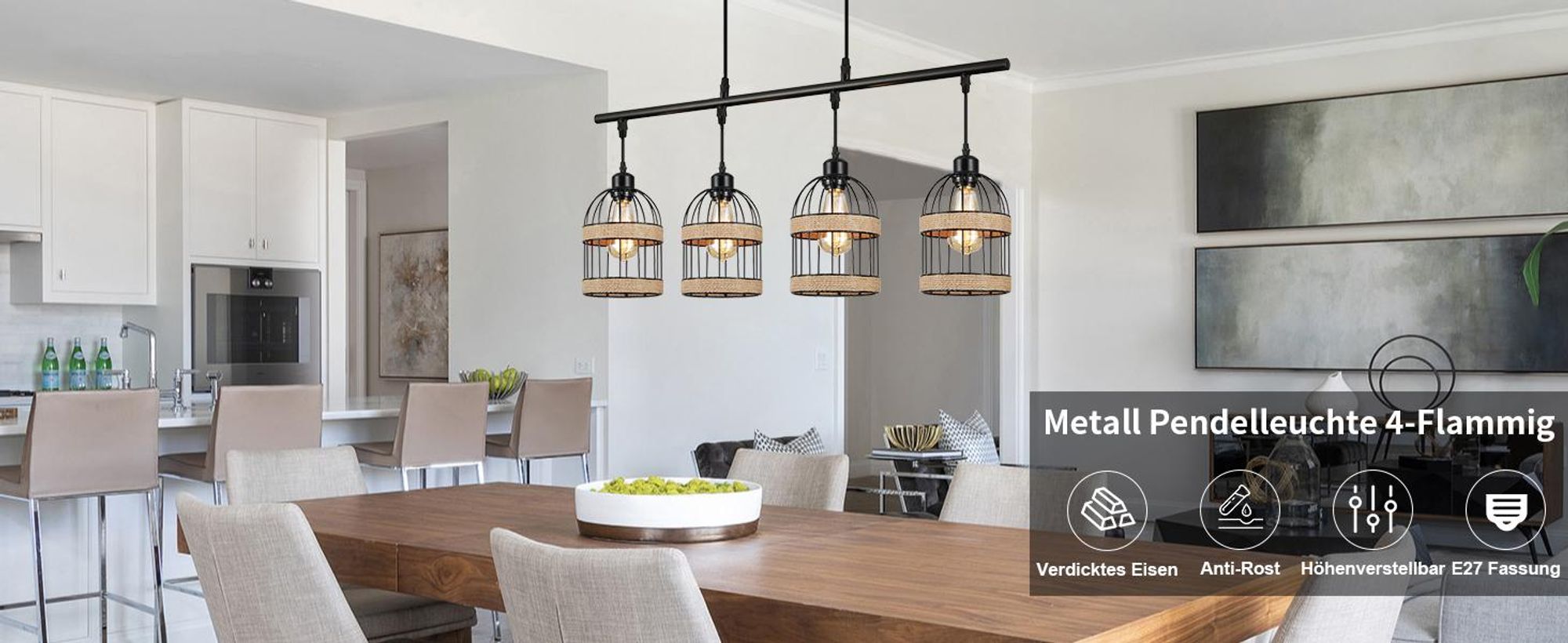 Pendelleuchte 4 Flammig Schwarz Metall Lampenschirm Hängelampe E27 Höhenverstellbar Hängeleuchte für Esszimmer, Küche, Bar