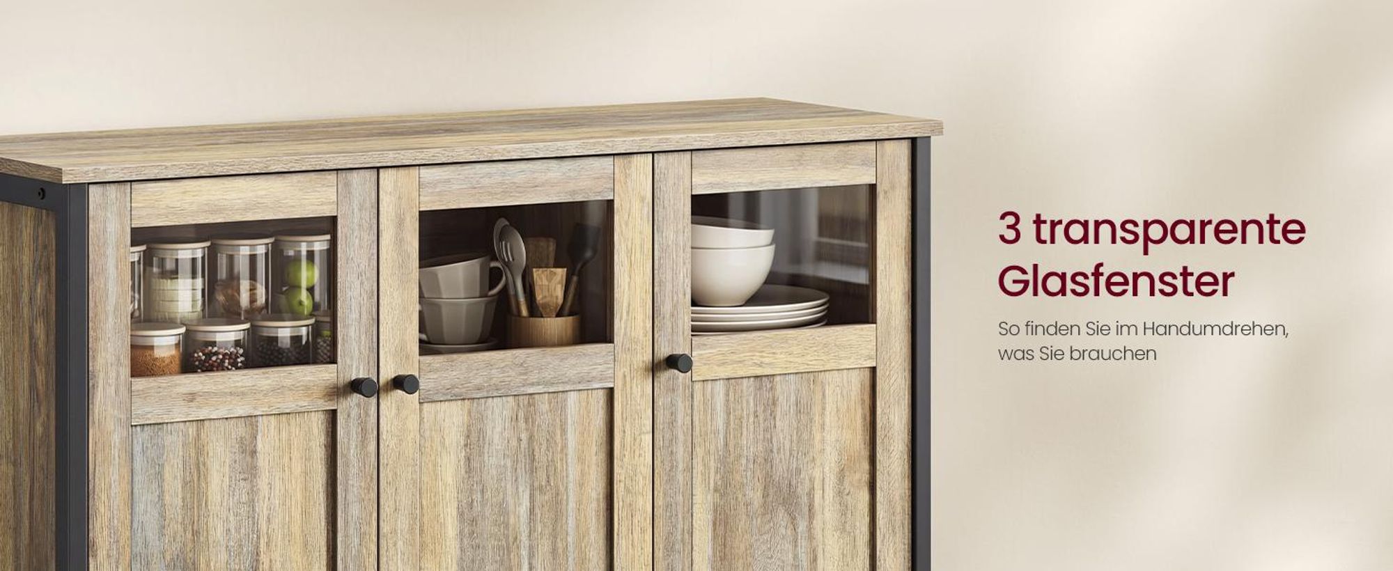VASAGLE Sideboard, 100 x 35 x 75 cm, verstellbaren Ablage, mit Glastüren