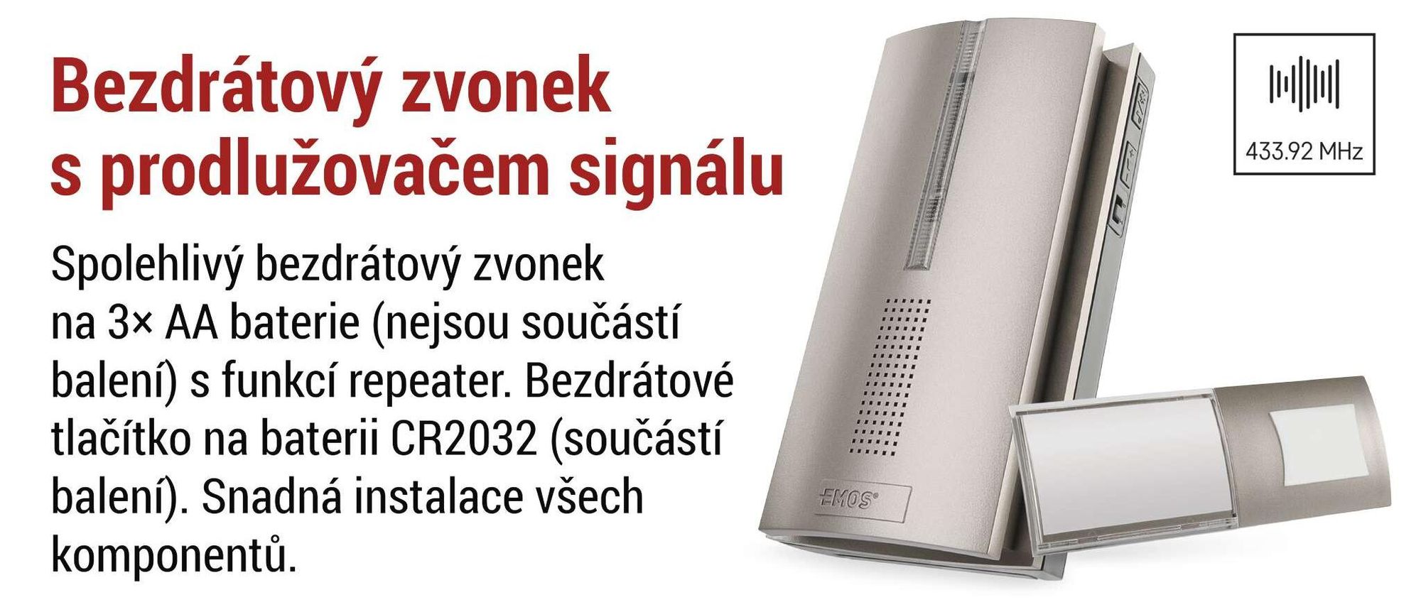 EMOS Bezdrátový zvonek s funkcí opakovače, neomezený dosah, 5 úrovní hlasitosti až 85 dB, LED displej, 16 melodií, napájení bateriemi, P5763N