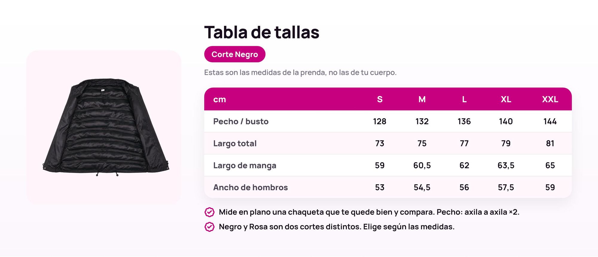 Tabla de tallas de la Chaqueta de Equipaje Ryanwear: pecho, largo total, manga y hombros en cm