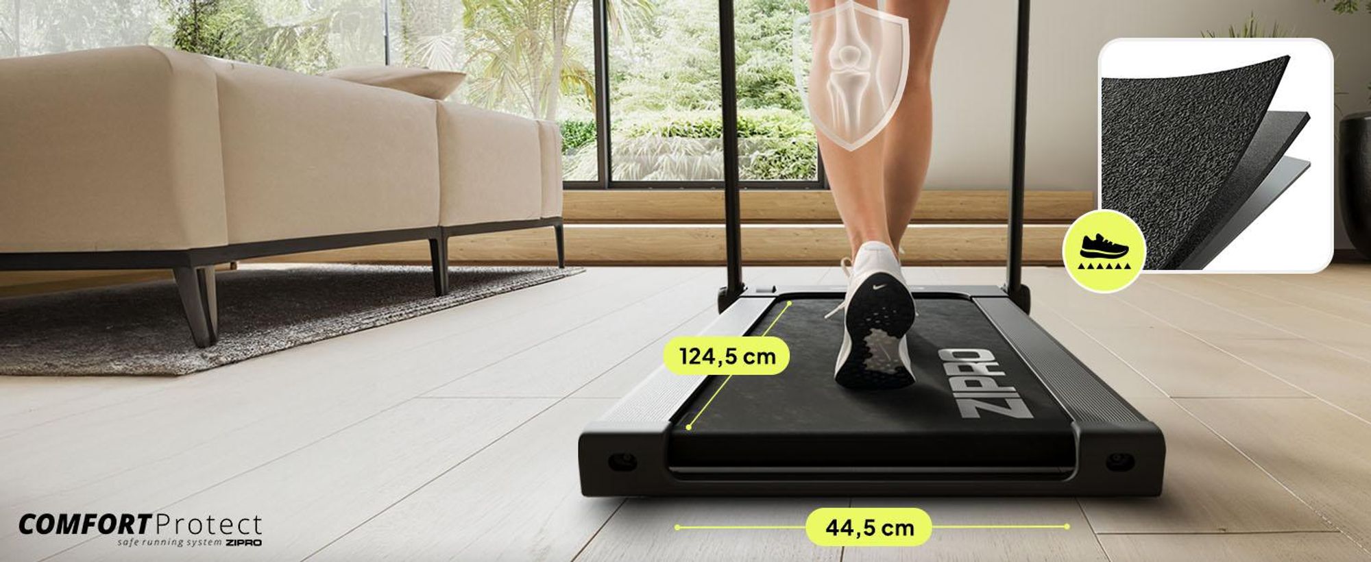 Składana bieżnia Zipro Pacto – elektryczna bieżnia fitness Ultra Flat do przechowywania pod łóżkiem Kompatybilna z aplikacją (Kinomap/FitShow) i ekranem dotykowym LED