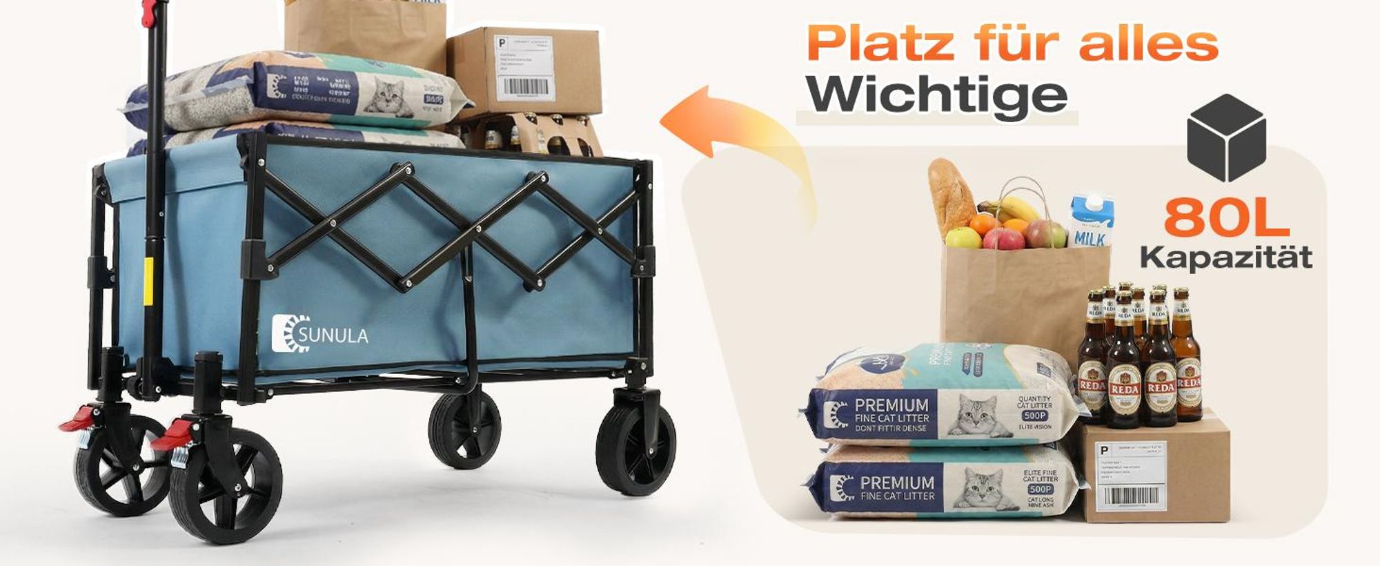SUNULA Bollerwagen Faltbar Klein 80L 100KG, Klappbarer Handwagen Einkaufen, Blau