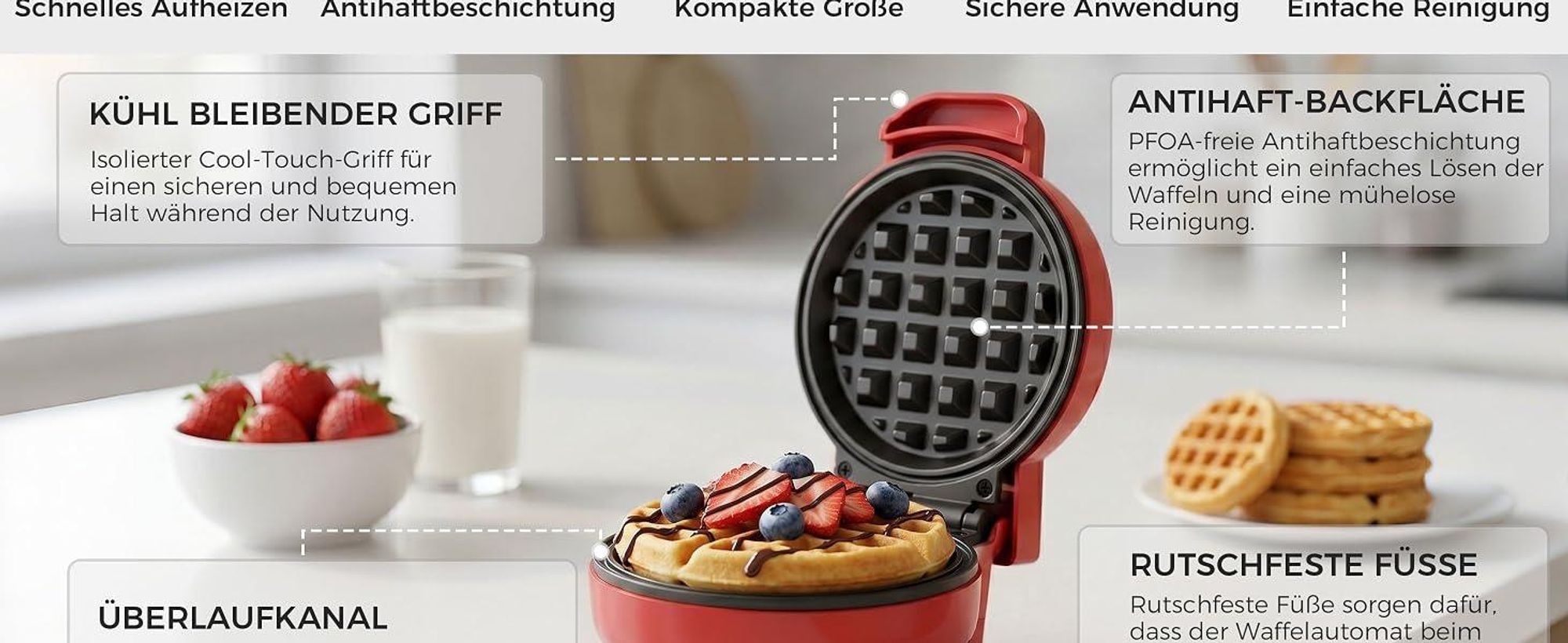 YASHE Mini Waffeleisen 550W, Antihaft-Waffelmaschine, Rot