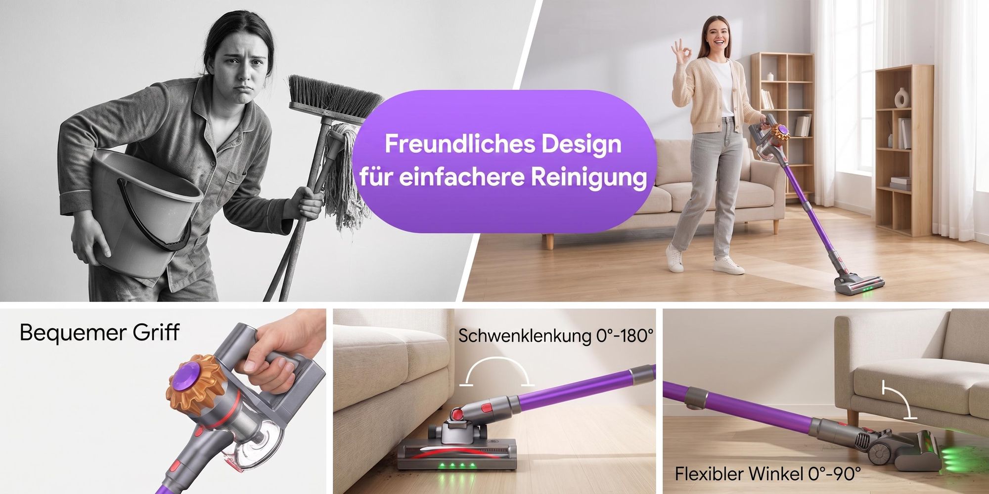 Lubluelu 75000 Pa Akku-Staubsauger Saugleistung, Anti-Haar-Verwicklungsbürste, Grüne Beleuchtung, Freistehend, Teppiche & Hartböden, P7