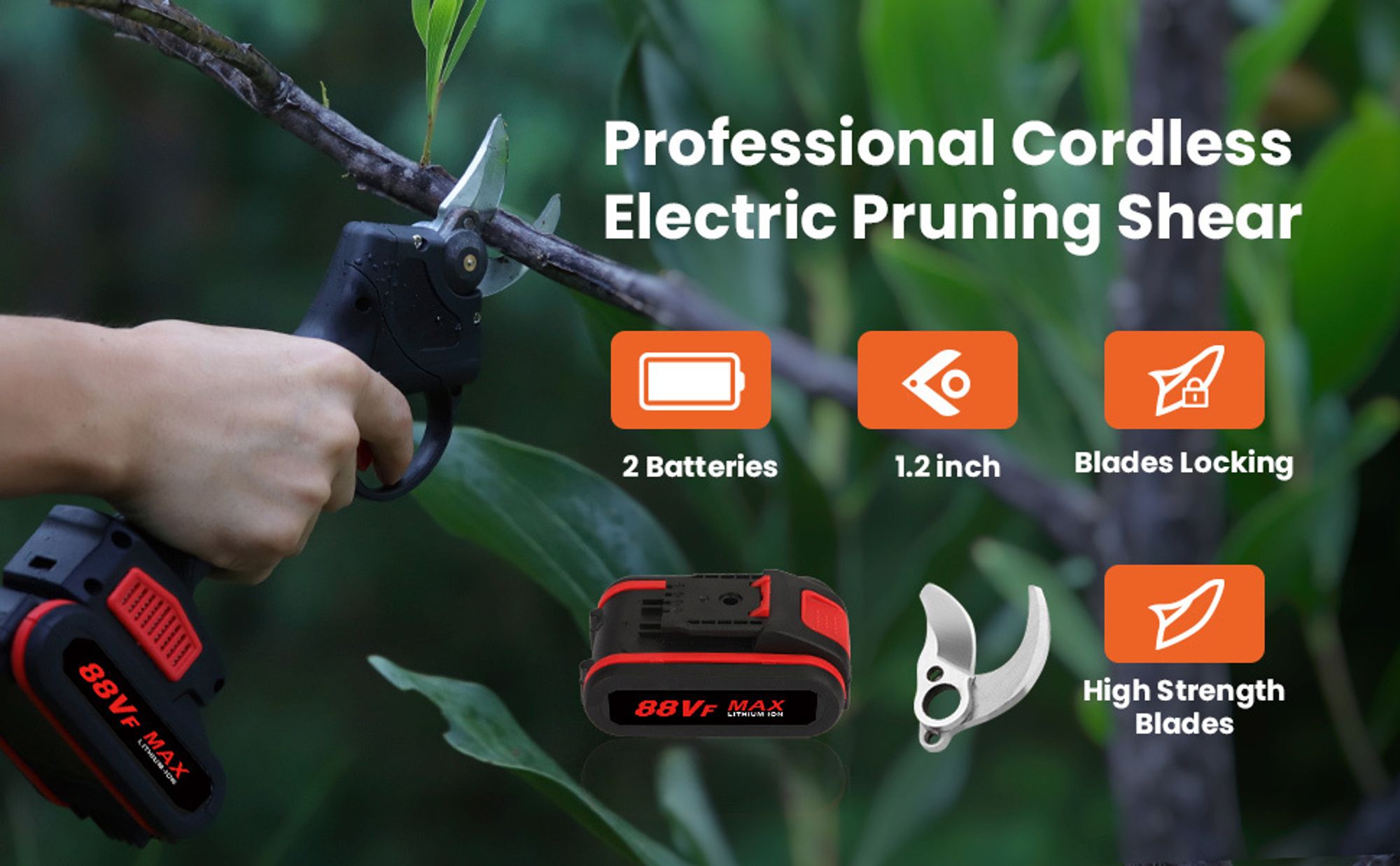 Professionelle Akku-Gartenschere, 21 V, kabellose elektrische Gartenschere, 0–25 mm Akku-Gartenschere mit 2 Akkus, Baumscheren – Schwarz