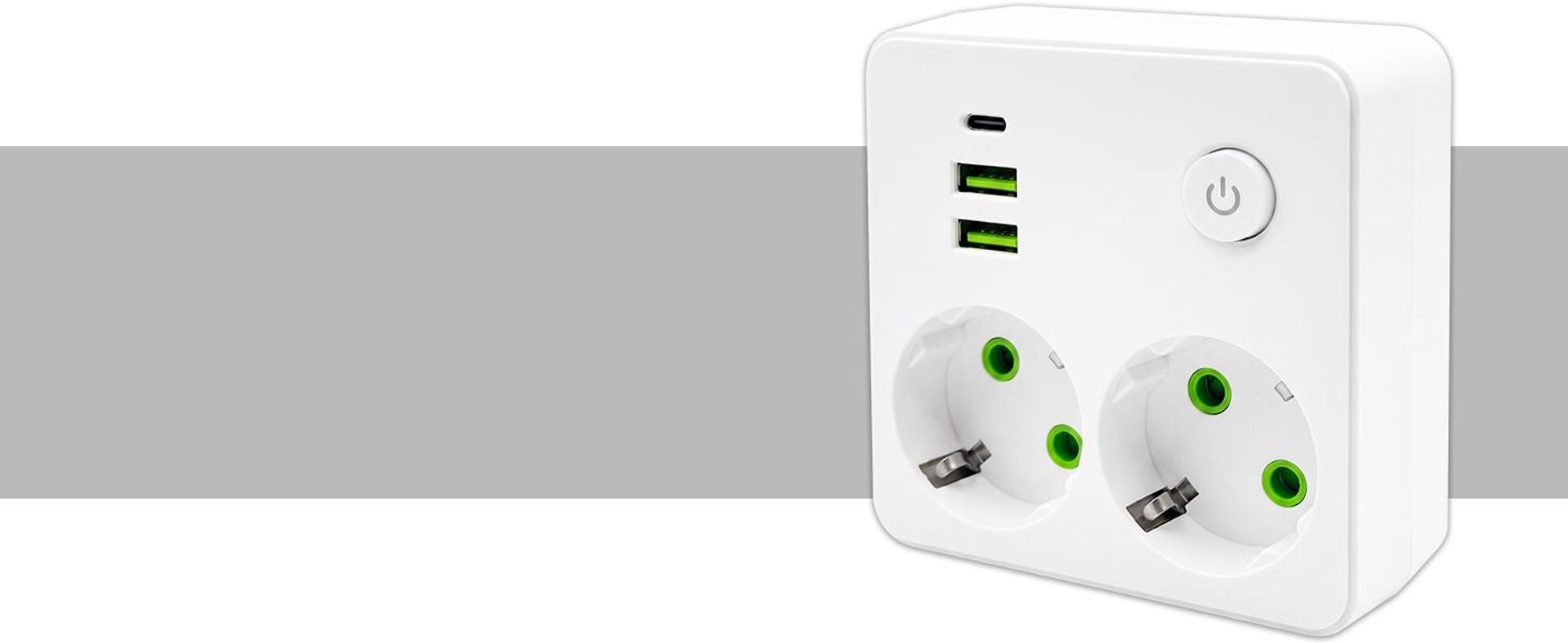 KRUMAD Steckdosenadapter 5in1 mit USB und USB-C, Mehrfachstecker Doppelsteckdose, 2-fach Steckdosenadapter ohne Kabel, kompakter Multistecker Weiß