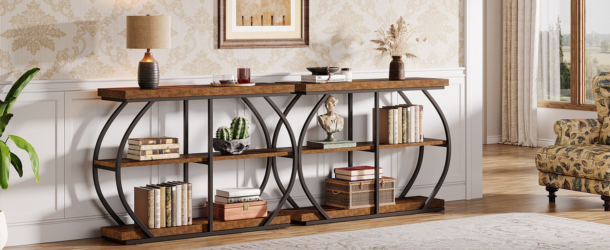 Tribesigns Konsolentisch,  industrieller 3-stöckiger Eingangstisch mit gewölbtem Metallrahmen 105*30*80 cm, für Wohnzimmer, Flur, rustikal Braun