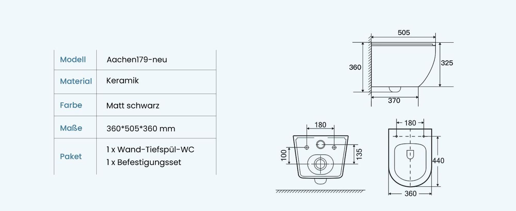 doporro Hänge-WC Spülrandlos Hänge-Toilette mit Tiefspüler inkl. Soft-Close Absenkautomatik schwarz matt aus Keramik Wandmontage Aachen179 neu