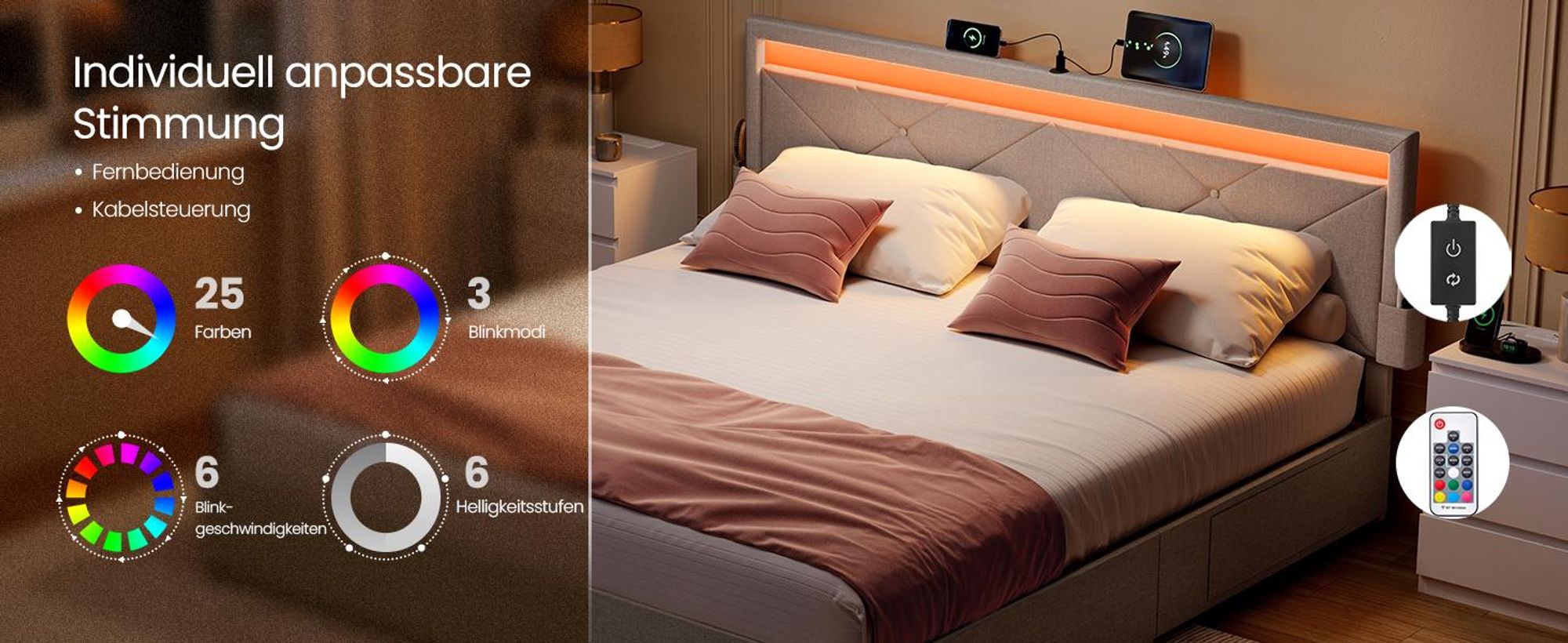 VASAGLE Doppelbettgestell, Bettgestell, 160 x 200 cm, LED, Metallbett, 4 Schubladen, Ladestation, verstellbares gepolstertes Kopfteil, Cappuccinobeige