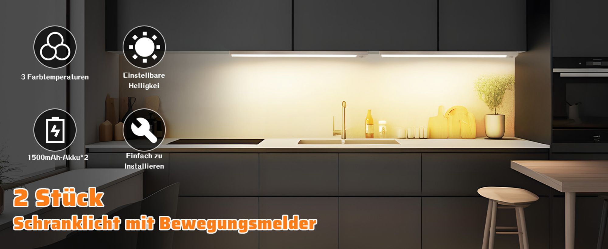 ZMH Unterbauleuchte Küche Led Dimmbar 3 Farbtemperatur Schrankbeleuchtung mit Bewegungsmelder 40CM 2er Silber  Schrankleuchte USB Wiederaufladbar