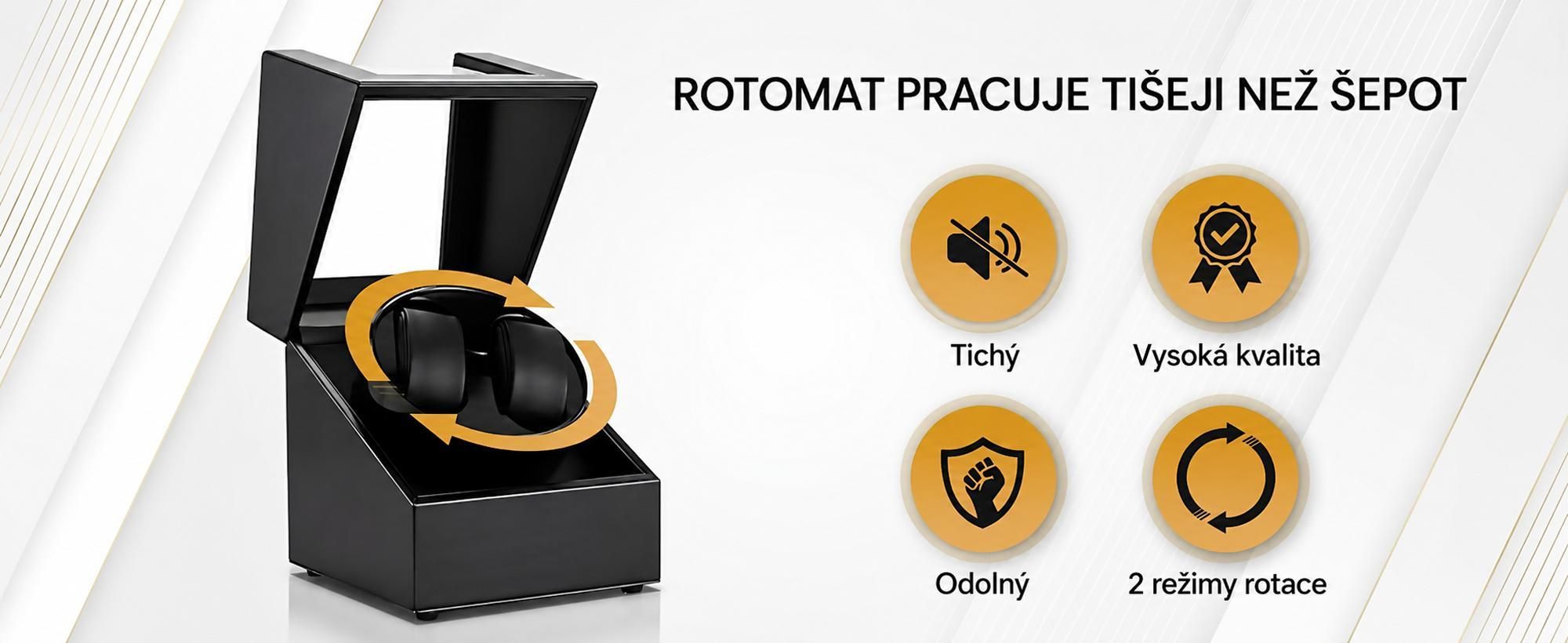 Olvy natahovač hodinek pro 2 hodinky, extrémně tichý motor, natahovač hodinek černý lak s LED osvětlením, natahovač hodinek