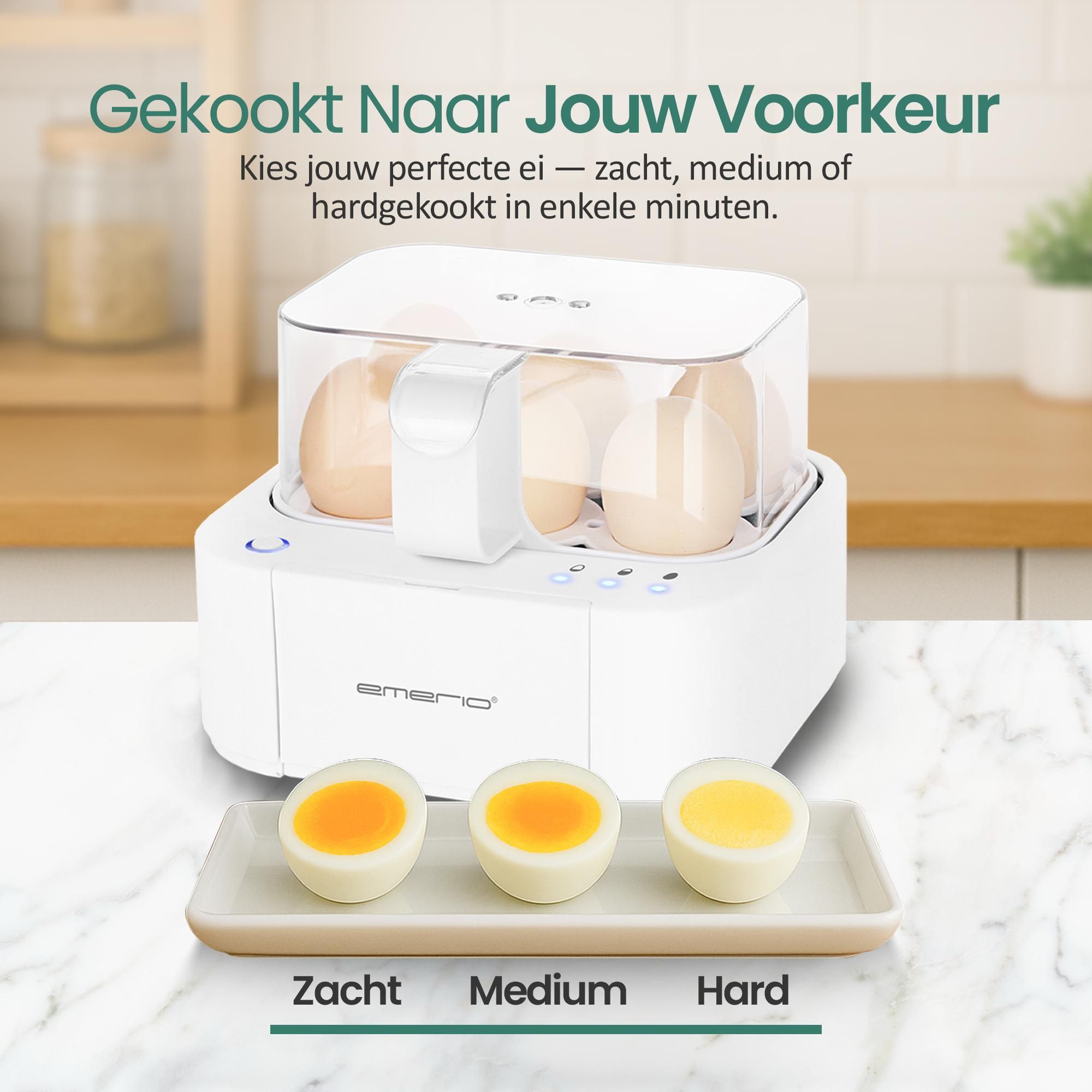 Emerio Smart Eierkoker EB-115560.14 – 6 Eieren – 400 W – Spraakfunctie – Zacht, Medium & Hard – Inclusief Maatbeker