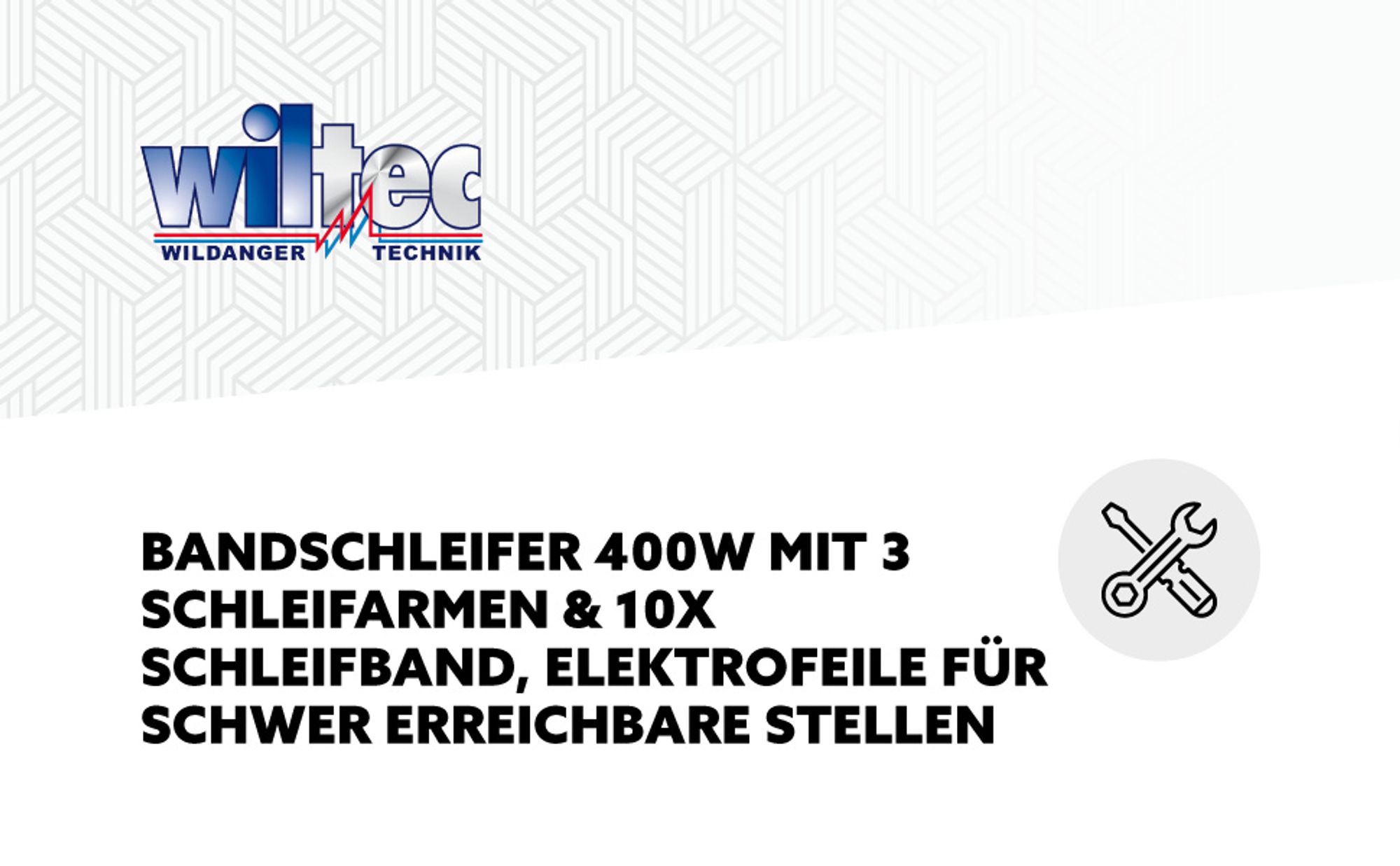 Wiltec Bandschleifer 400 W mit 3 austauschbaren Schleifarmen, Schleifmaschine mit 10 x Schleifband, Elektrofeile für schwer erreichbare Stellen