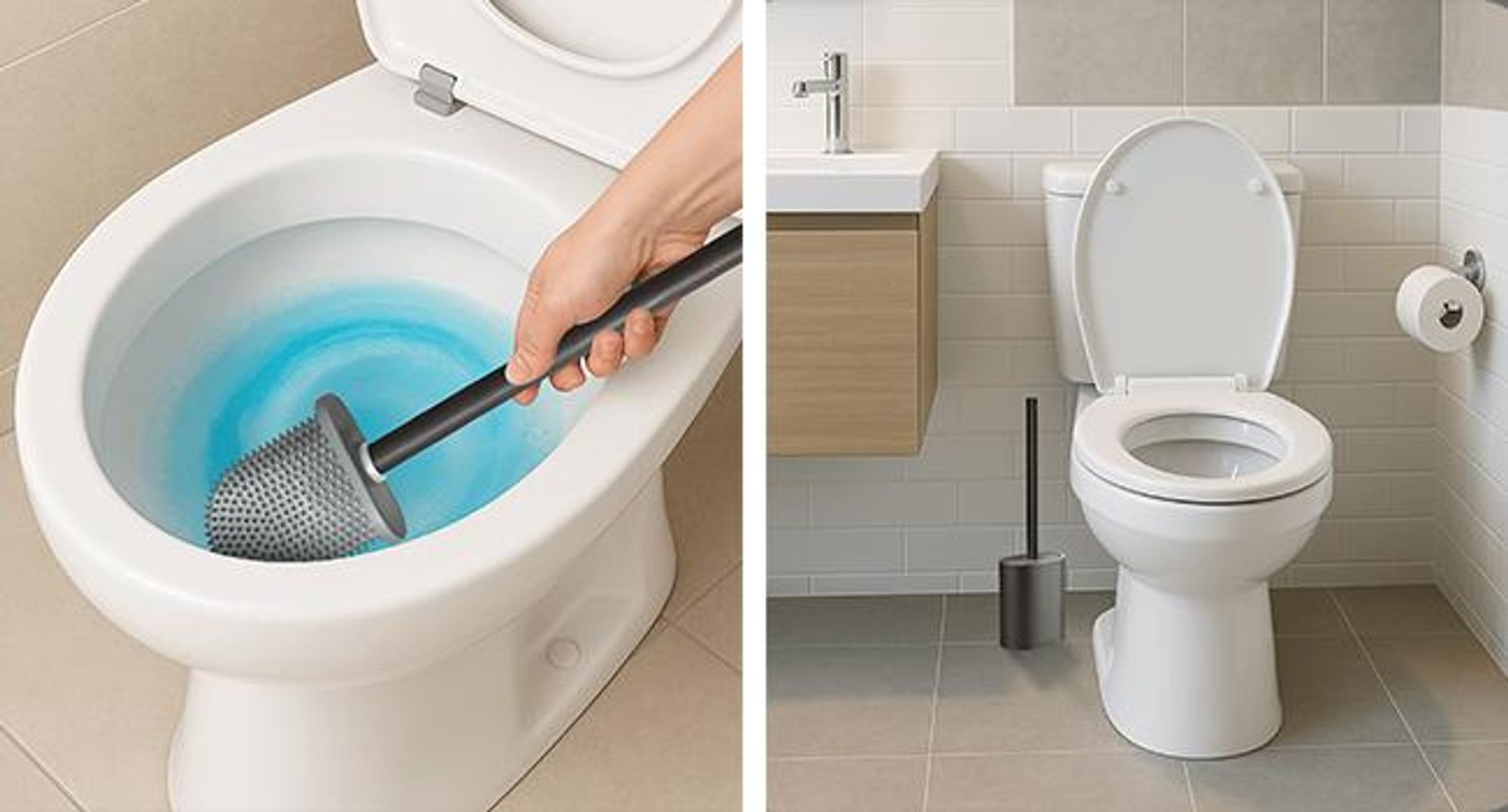 KRUMAD Silikon WC Bürste mit Halter, Toilettenbürste für Toilette, Klobürste mit Behälter, breite Bürstenkopf, Schwarz Grau, 25 cm