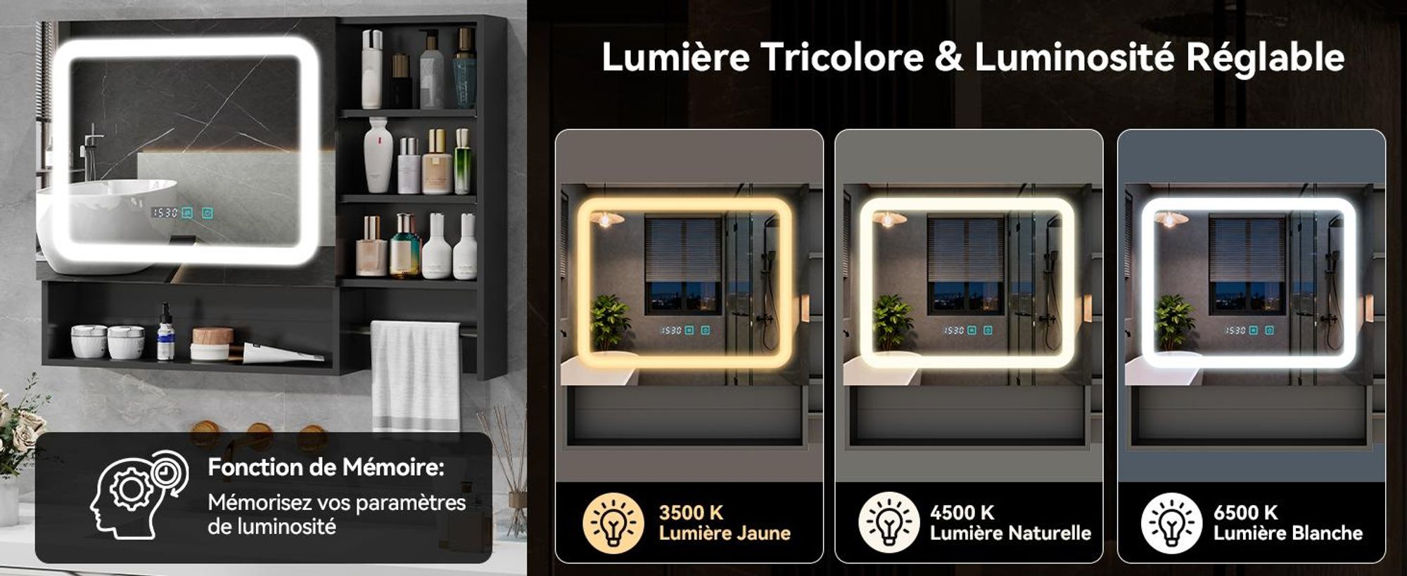 Puluomis armoire de toilette salle de bain 80cm avec 3 couleurs d'éclairage variable, horloge digitale porte-serviettes anti-buée armoire de salle de bain murale noire