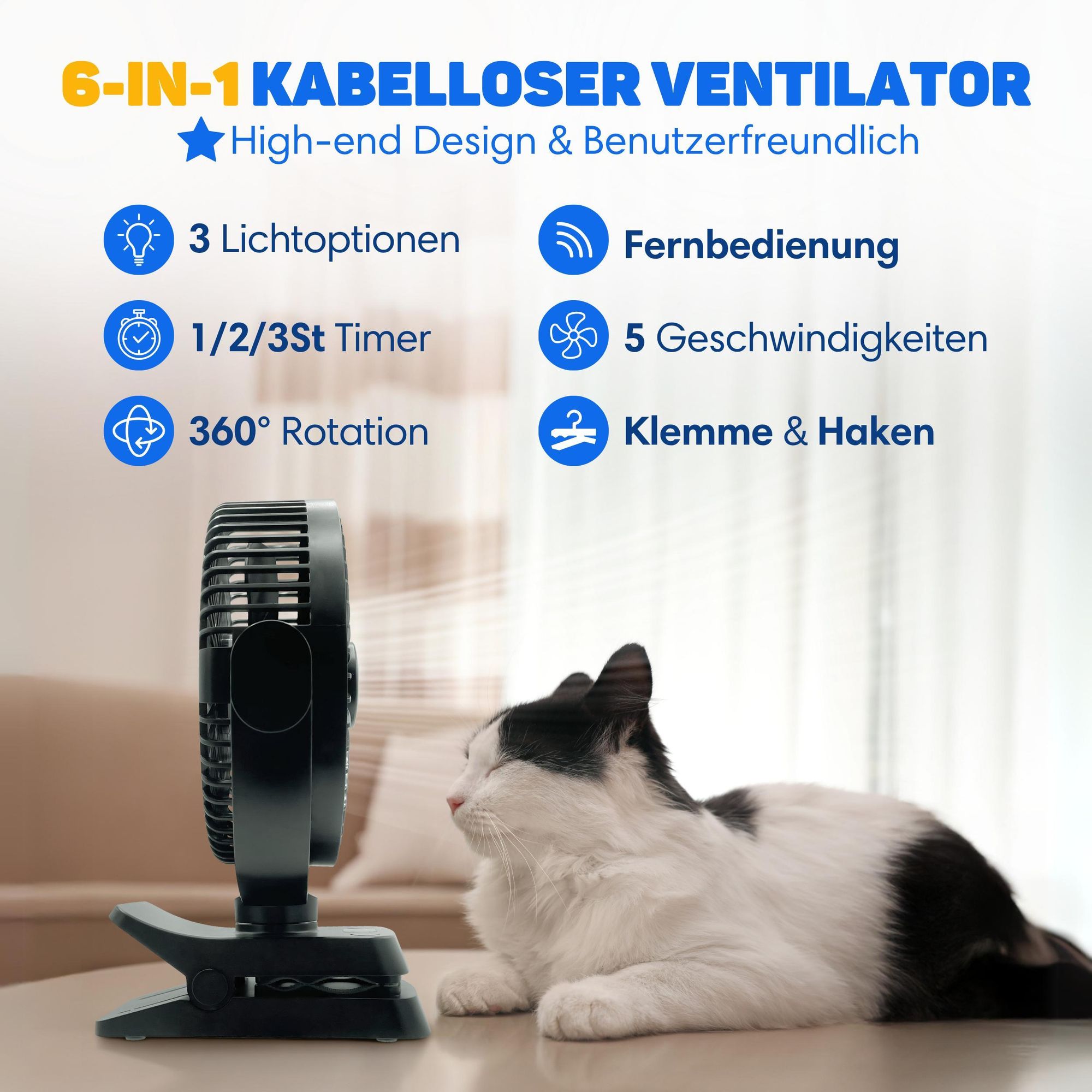 Vulpes Goods Tischventilator, wiederaufladbar und kabellos, leiser Ventilator mit Fernbedienung, 5 Geschwindigkeiten, Beleuchtung & Powerbank-Funktion