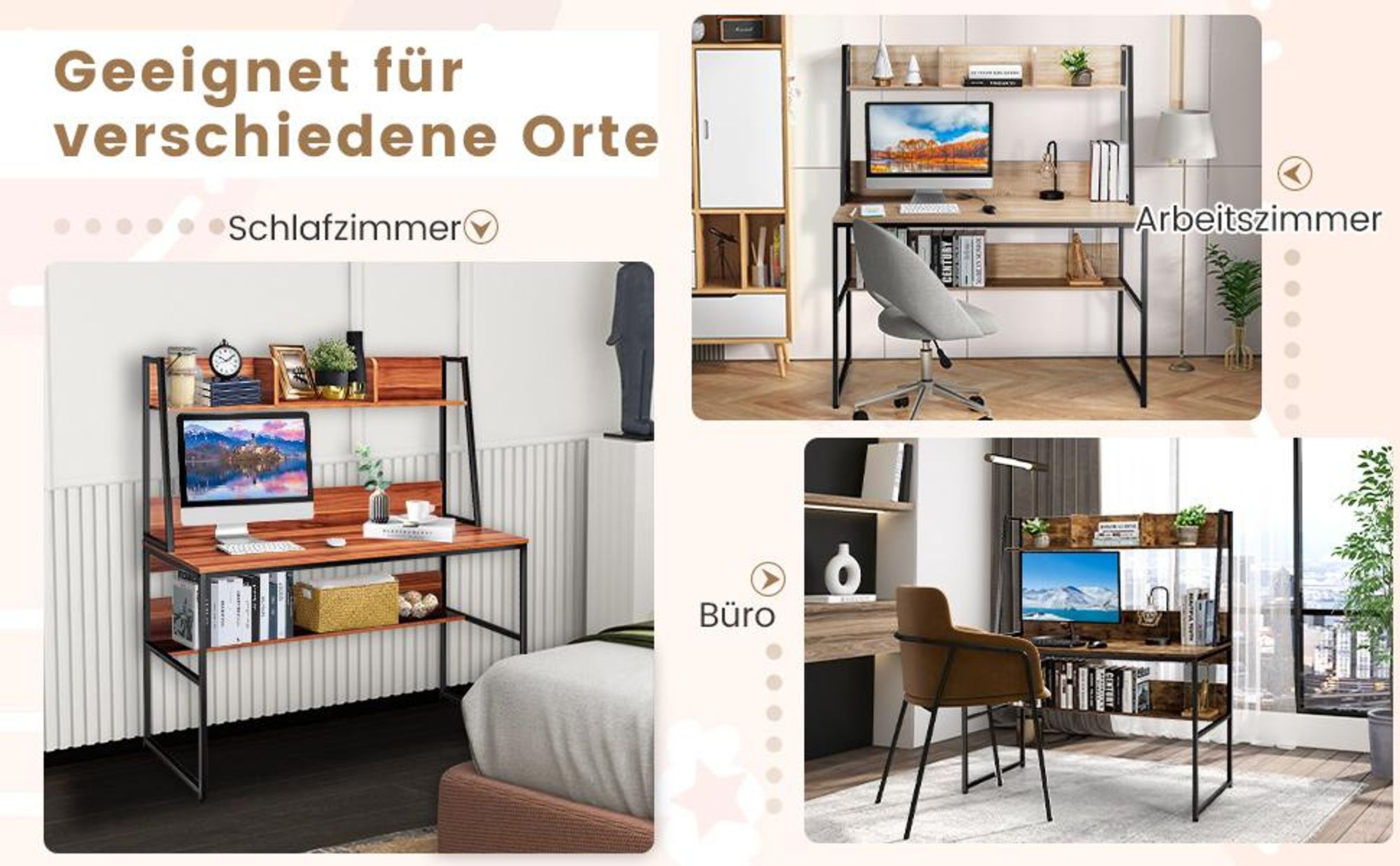 COSTWAY Schreibtisch mit Ablage und offenem Bücherregal, Computertisch Holz 120x57x140cm, Kaffee