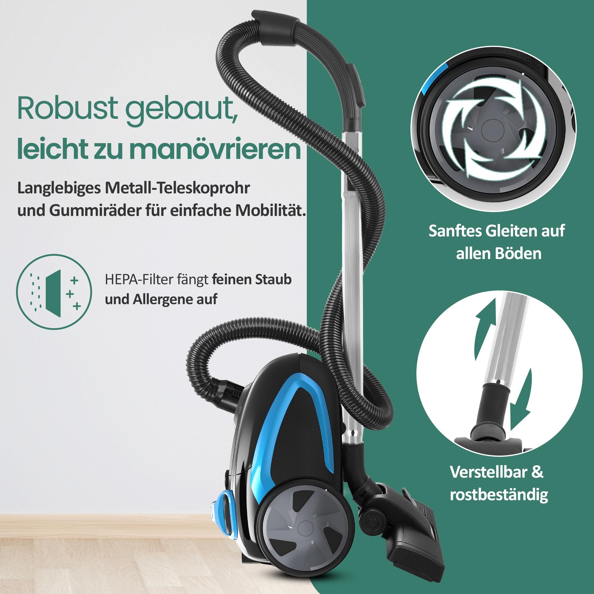 Emerio Staubsauger mit Beutel – 2,5 Liter – HEPA10-Filter – Kabellänge 5 m – 800 W – VE-112682.8 – Schwarz / Blau