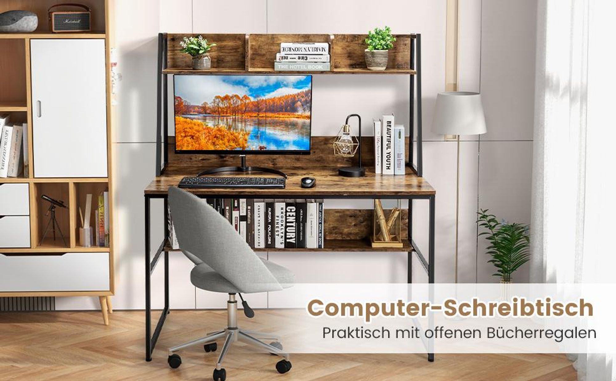 COSTWAY Schreibtisch mit Ablage und offenem Bücherregal, Computertisch Holz 120x57x140cm, Kaffee