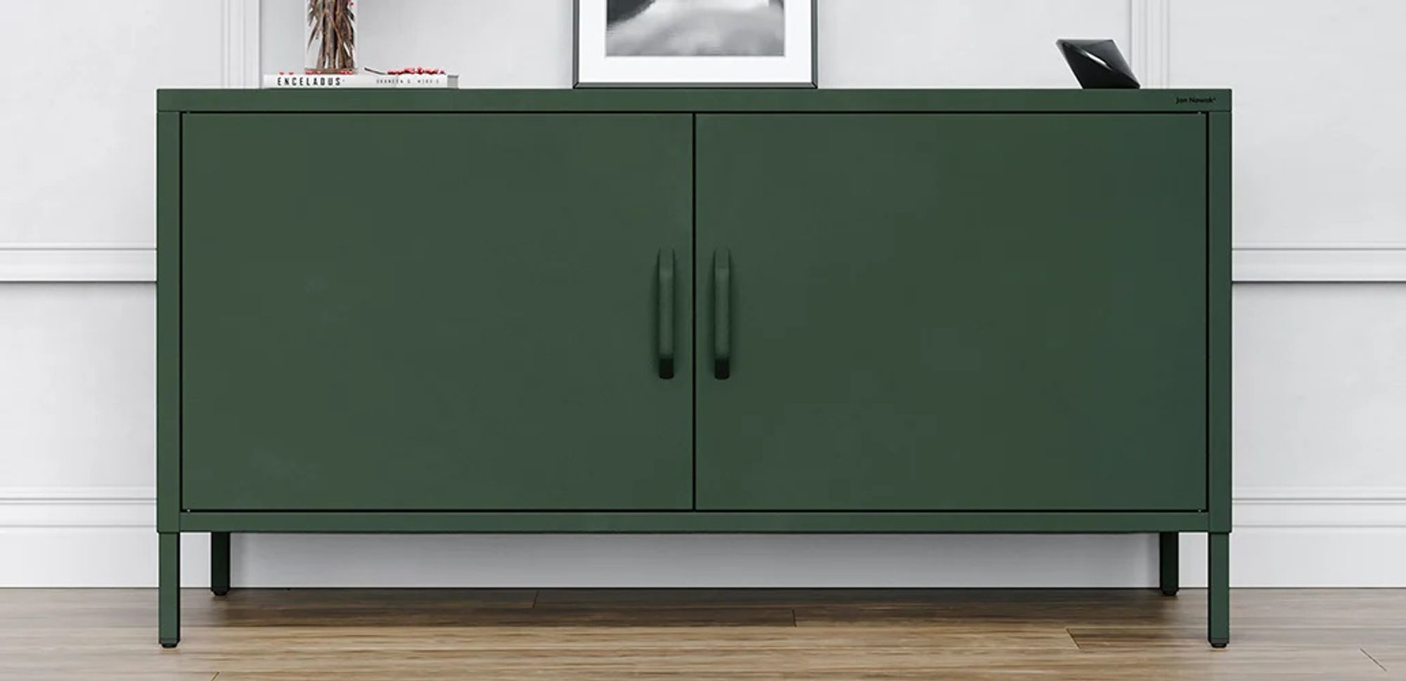 Jan Nowak Fernsehschrank ROSA TV Schrank für Wohnzimmer, Schlafzimmer Metall Fernsehtisch mit Türen und Stauraum, 115 x 59,5 x 40 cm, Flaschengrün