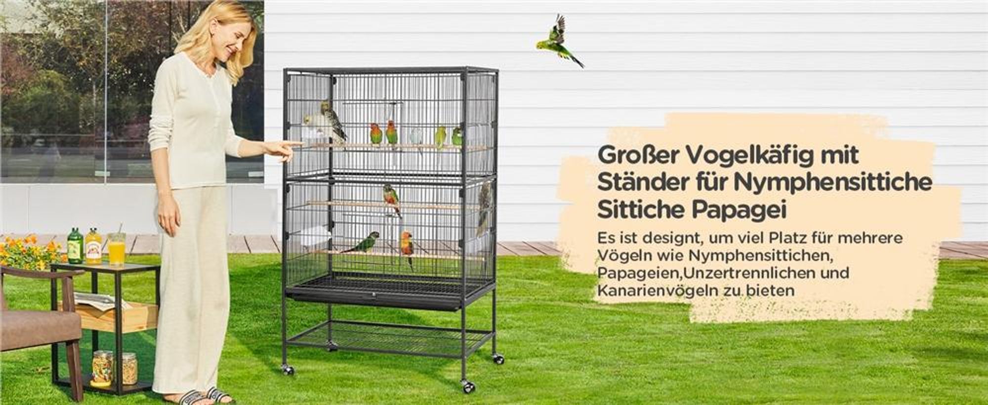 Yaheetech Vogelkäfig mit Ständer, Vogelvoliere mit 3 Holzstangen und 4 Futternäpfen, Wellensittich Käfig mit 4 Rollen, Voliere für Papageien, Schwarz
