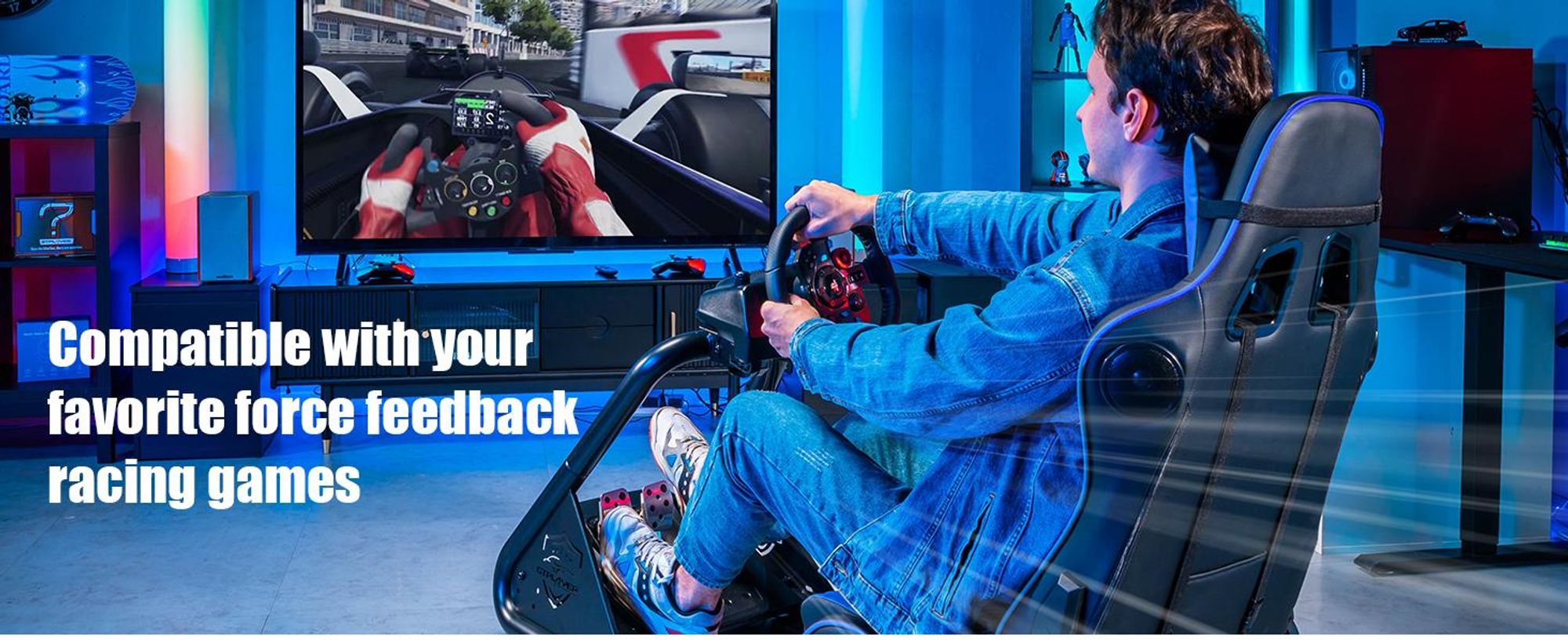 GTPLAYER Simulator Cockpit, SIM-racen cockpit, stuurstandaard voor race-simulators, gamingstoel, stuurstandaard met Bluetooth-luidspreker en pedaalhouder