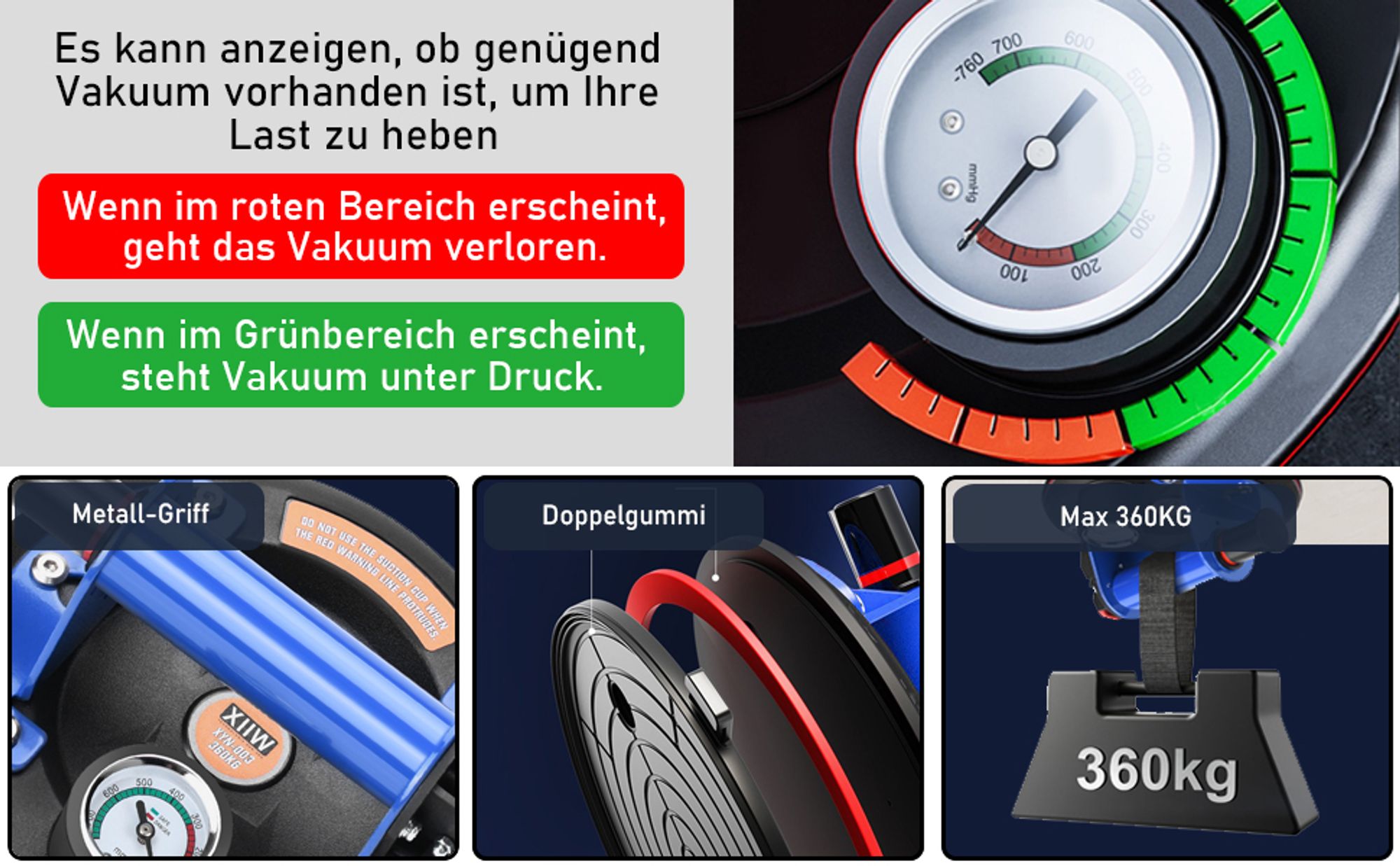 2X 8'' Saugheber Glasheber Metallgriff mit Manometer Max. 360kg, Vakuum Saugnapf Fliesenheber, Glassauger Saughalter für Fliesen,Glas,Metalle,Marmor