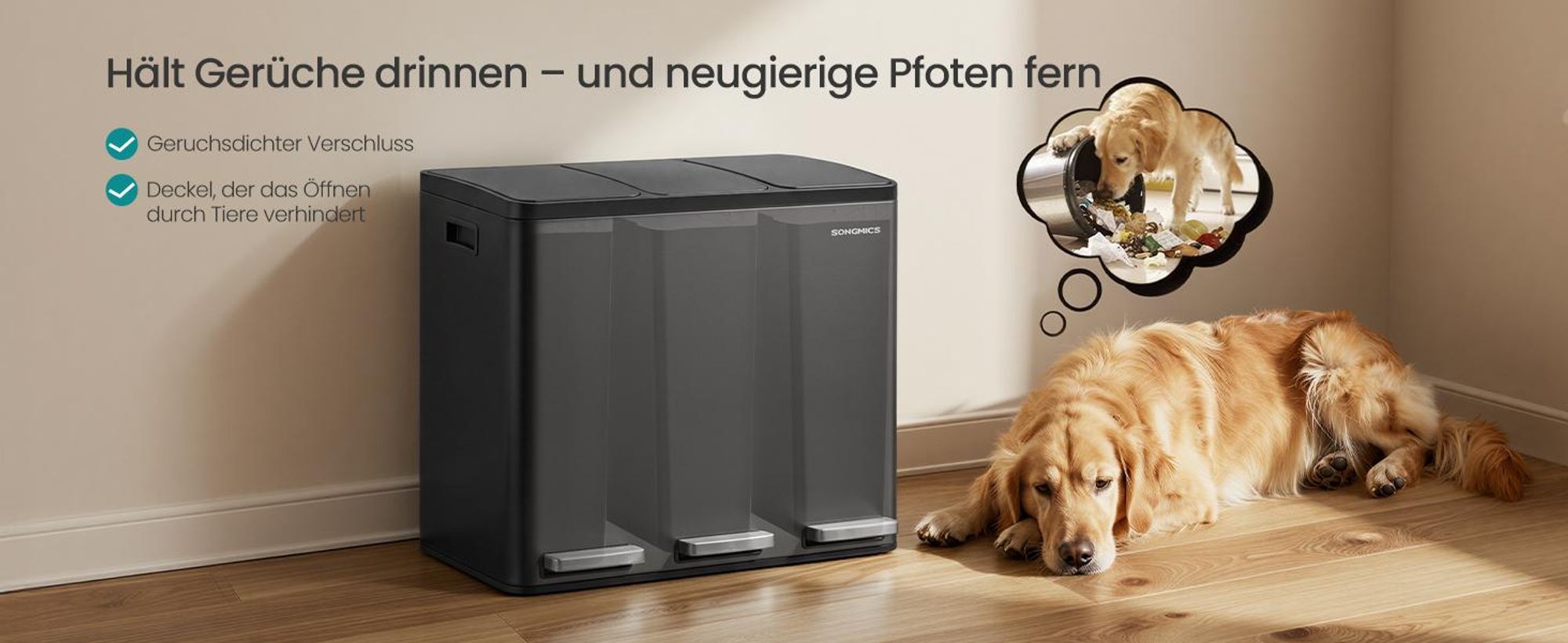 Abfalleimer 3 Fächer, Mülleimer 3 x 18 L, Tretmülleimer Softclose-Deckel, Küche, herausnehmbare Inneneimer, schwarz