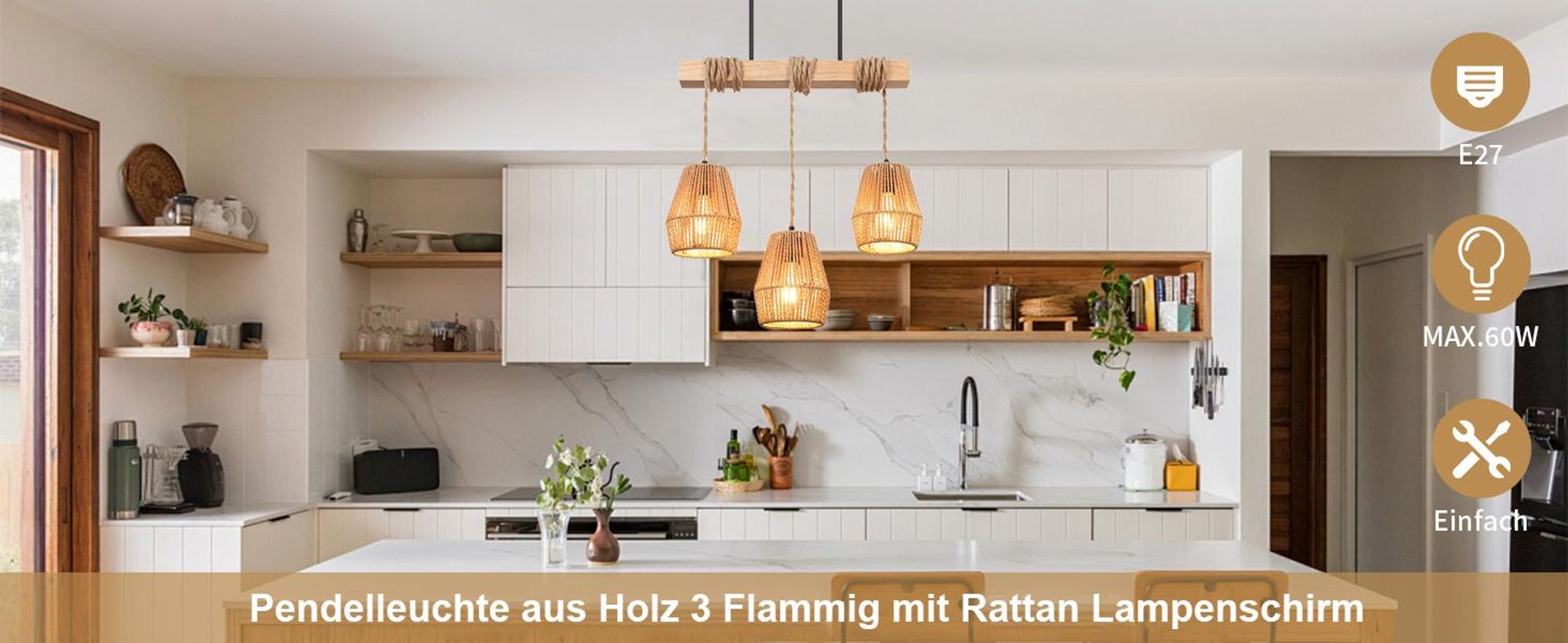 Pendelleuchte mit Rattan Lampenschirm E27 Fassung 3-flammige Hängelampe Höhenverstellbare Kronleuchter für Küche, Esstisch, Wohnzimmer