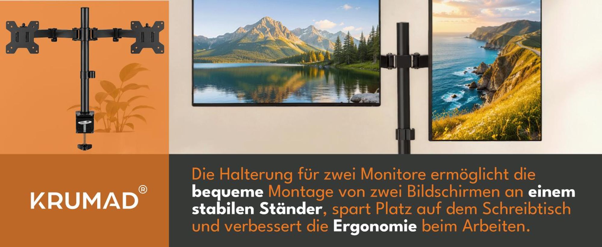 KRUMAD Monitor Halterung für 2 Monitore, 13–27 Zoll, Dual Monitorhalterung 360° Drehung, Bildschirmhalterung bis 9 kg, inkl. Montage System, Schwarz
