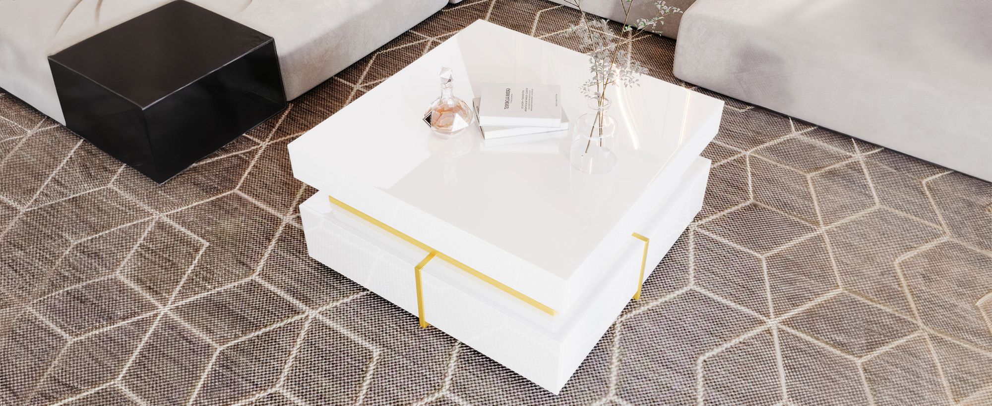 okwish Couchtisch quadratischer, Hochglanz Beistelltisch für Schlafzimmer, Wohnzimmertische mit Stauraum fürs Wohnzimmer, Beistelltisch mit Schubladen und goldenen Akzenten, Weiß