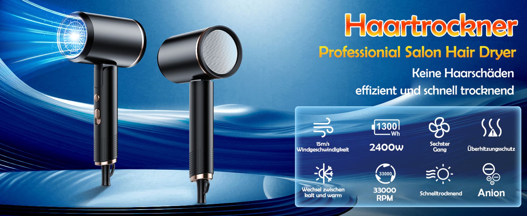 KUGI Haartrockner Föhn Ionen,klappbar,mit 3 Stylingdüse, 2500W, 6-Betriebsarten,Schnelltrocknen,Reiseföhn Hairdryer