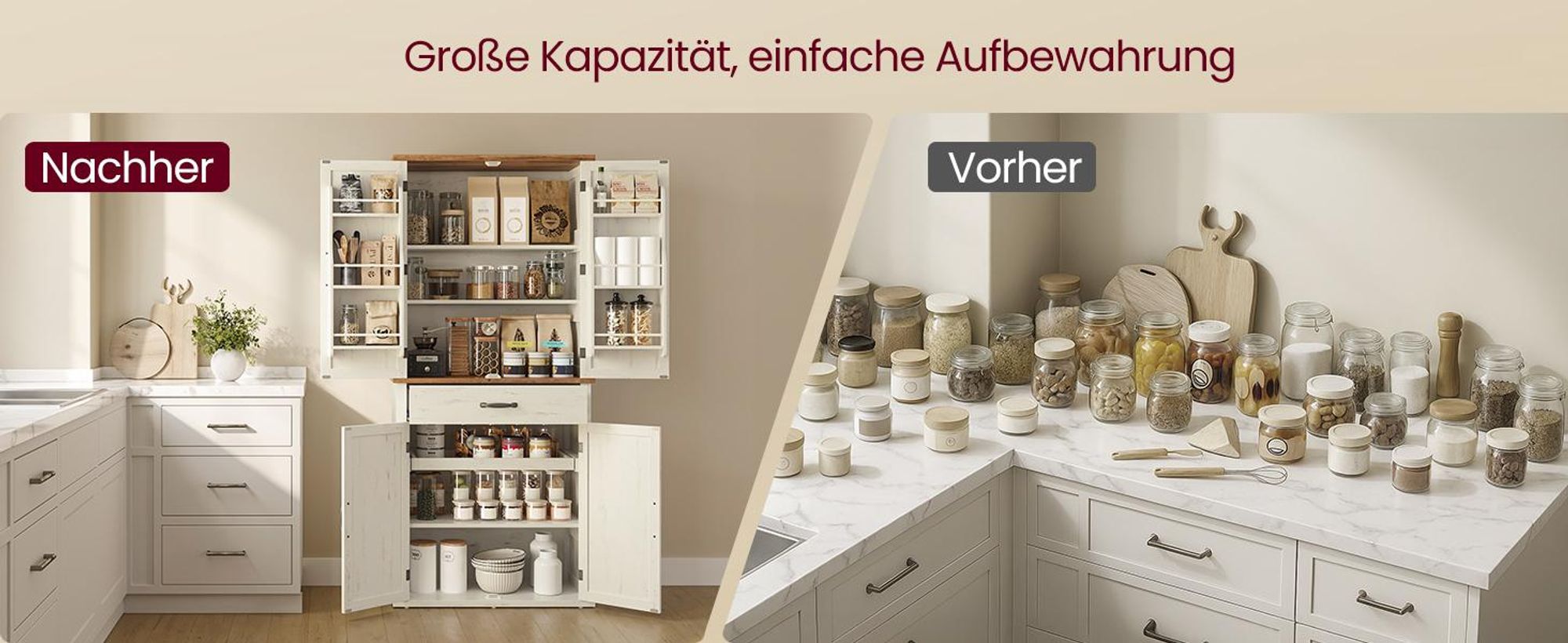 VASAGLE Küchenschrank, 178,6 cm hoher Mehrzweckschrank, Landhausstil, mit Türen, Schublade, Ablage und verstellbaren Einlegeböden, vintageweiß