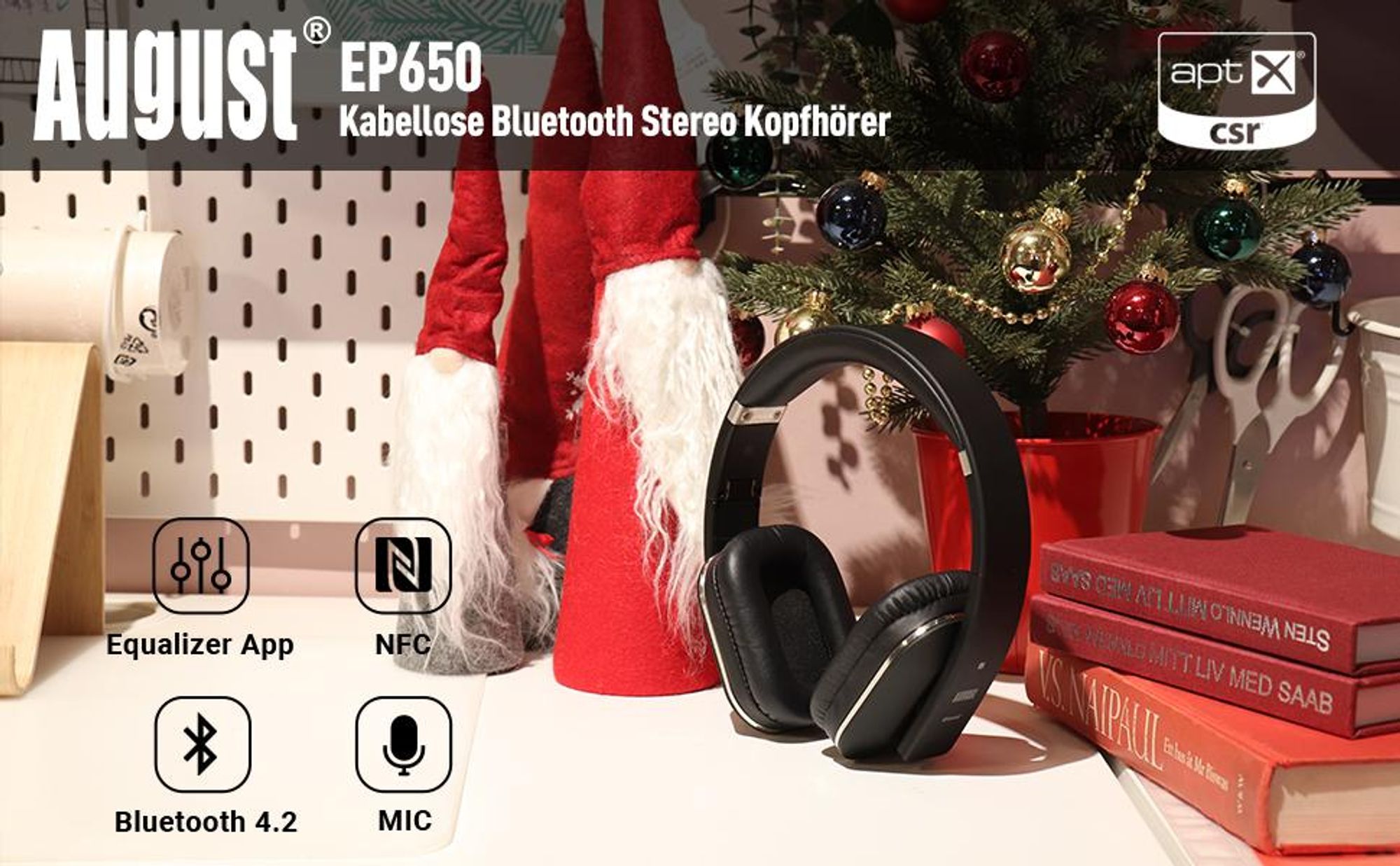 Over-Ear Kopfhörer Bluetooth 5.1, NFC, 20h Akku, Bass , Audio App - August EP650