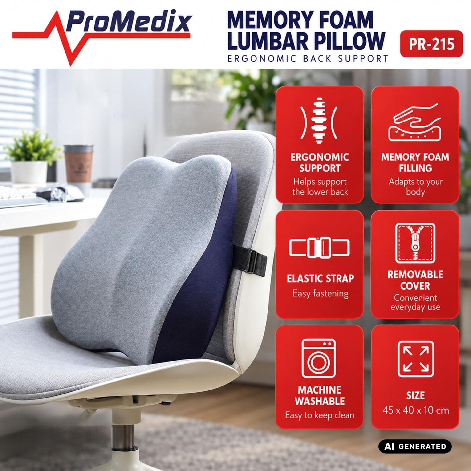 Lendenkissen aus Memory-Schaum für Bürostuhl Ergonomische 45 x 40 x 10 cm PR-215 Promedix