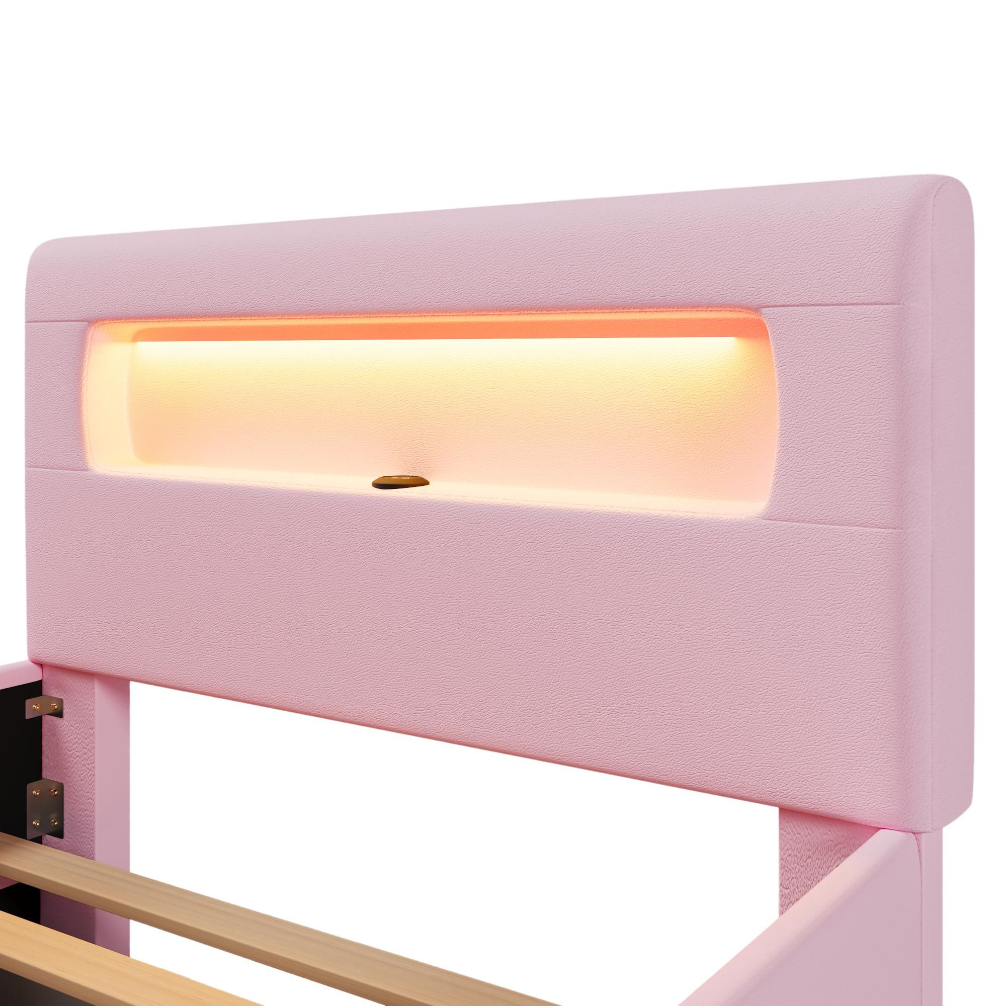 Merax Polsterbett Kinderbett 90x200 cm mit LED-Lichtleisten, Treppe, Schublade und Aufbewahrungstaschen, Plattformbett, Jugendbett, Flachbett, Rosa