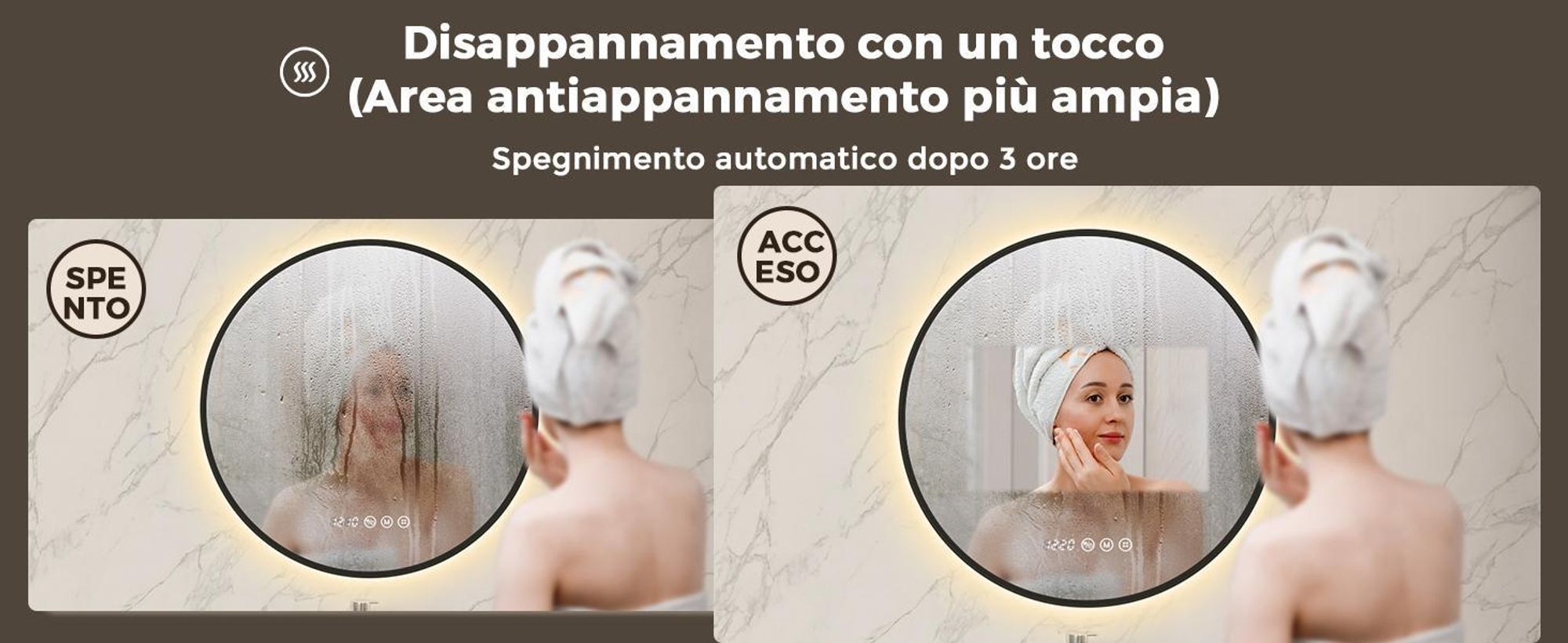 Espejo de baño redondo S'AFIELINA, diámetro 60 cm, marco , 3 colores de luz, regulable en intensidad, antiniebla, indicador de hora y temperatura, con función de memoria