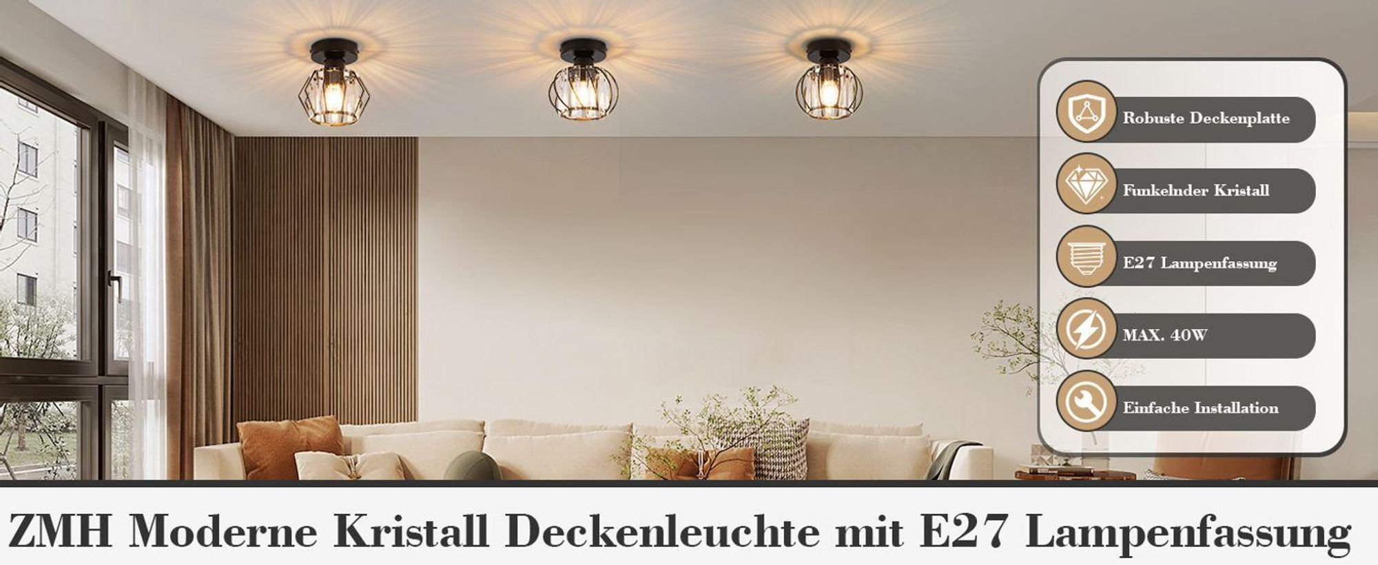 Plafonnier ZMH, cristal, noir, design moderne, idéal pour couloir, lampe de plafond vintage, douille E27, lampe de cuisine intérieure en métal (sans ampoule)