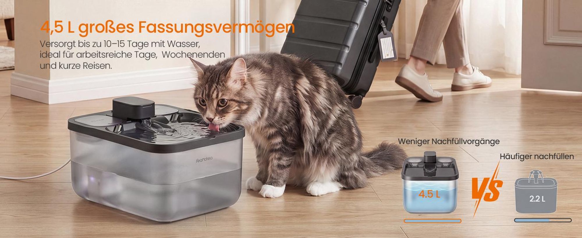 Feandrea Katzenbrunnen, 4,5 L Trinkbrunnen für Katzen, Leiser Wasserspender mit 3 Filtern und Trockenlaufschutz