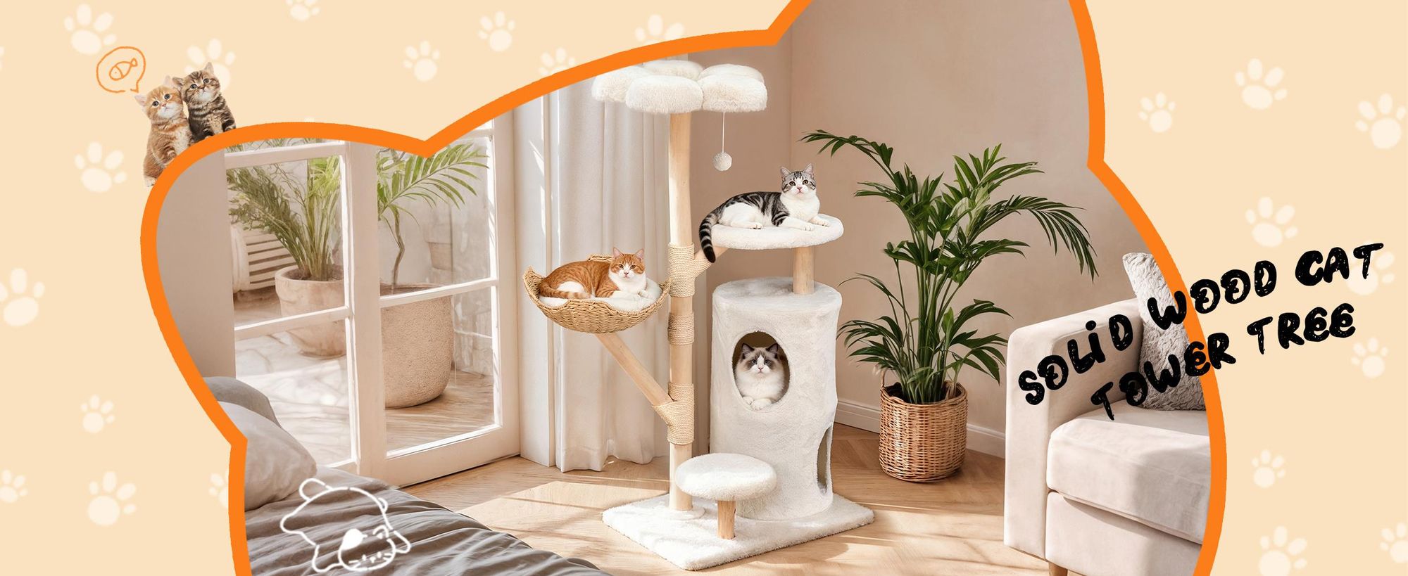 WISFOR Katzenkratzbaum 136cm hoch, mehrstufig Katzenbaum mit Korb Spielball beige