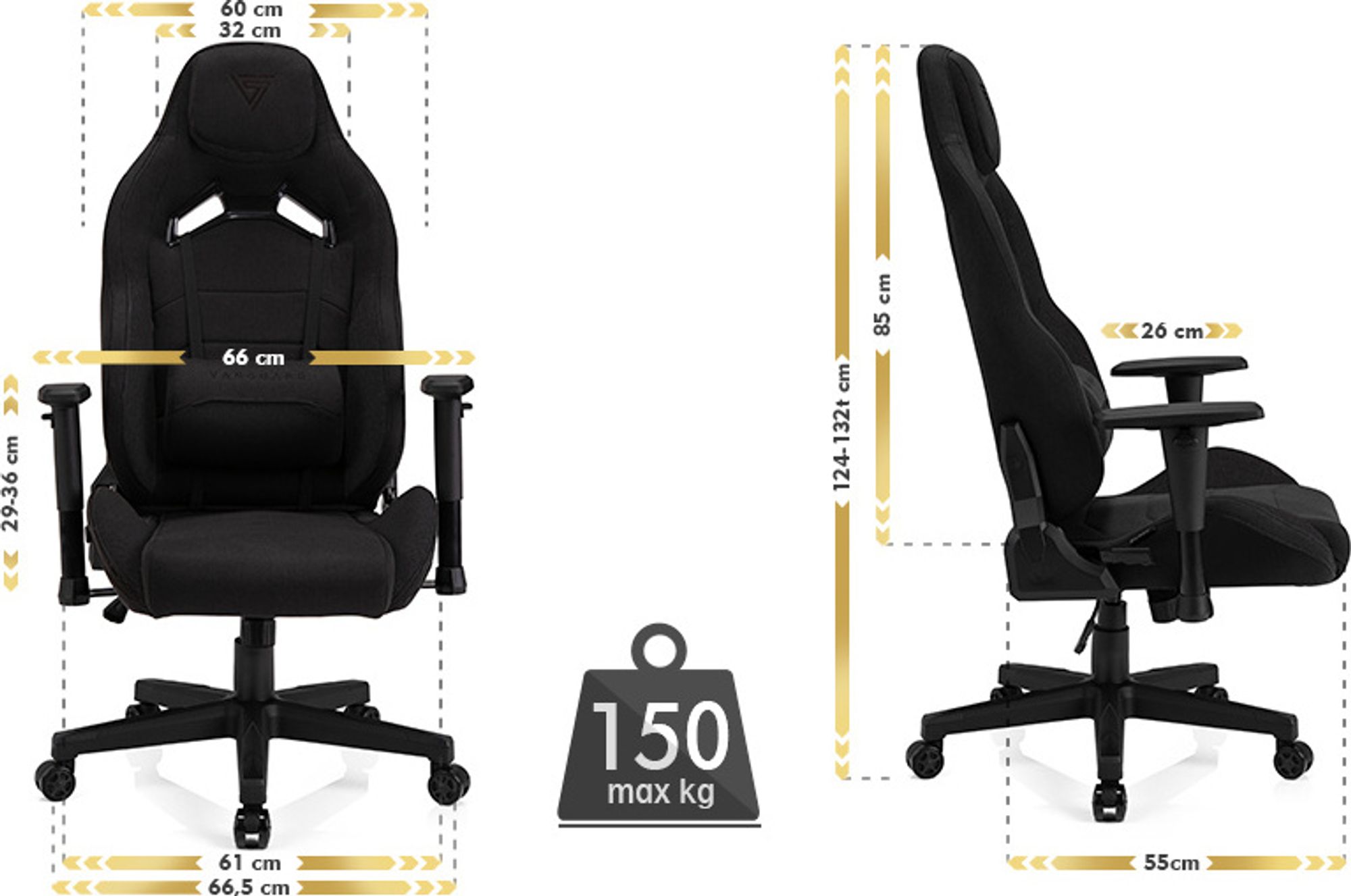 SENSE7 Gamingstuhl Vanguard Stoff Schwarz Ergonomischer Bürostuhl Schreibtischstuhl PC Drehstuhl Chefsessel 150 kg 2D-Armlehnen Wippmechanik Gamer