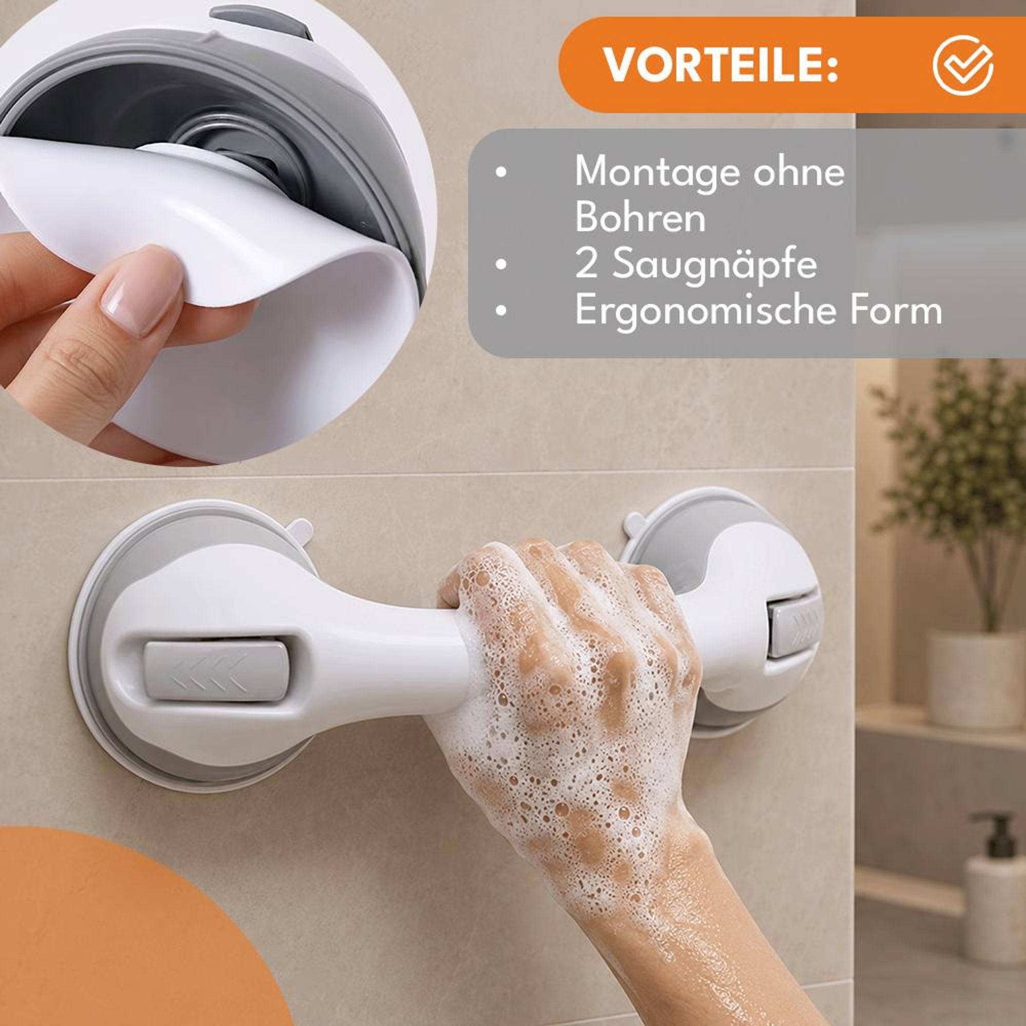 KRUMAD Haltegriffe für Senioren Badezimmer, Duschgriff ohne Bohren, Aufstehhilfe für Dusche und Badewanne, Sicherheitsgriff Wandhalterung