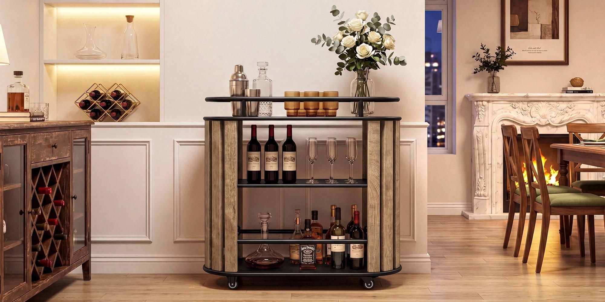 Servierwagen, Küchenwagen, 3-stöckiger Weinregal, Ordnungswagen mit Rollen, Barwagen aus Holz und Metall, für Hausbar, Küche, Esszimmer und Wohnzimmer