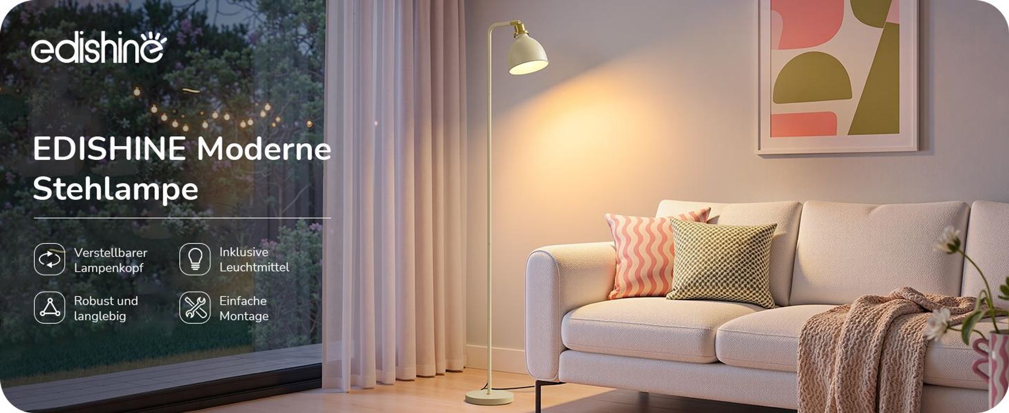 EDISHINE Stehlampe Industriell, Verstellbarer Kopf, Inkl. LED, Cremeweiß mit Metall-Lampenschirm, E27-Fassung, 2700 K Warmweiß, Leselampe