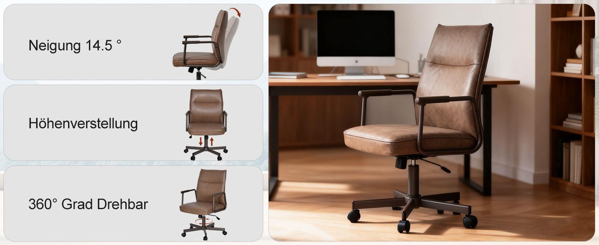 Duhome Schreibtischstuhl Ergonomisch Drehbar Bürostuhl Höhenverstellbar mit Armlehnen Drehstuhl mit Rollen für Büro Arbeitszimmer Office, Braun