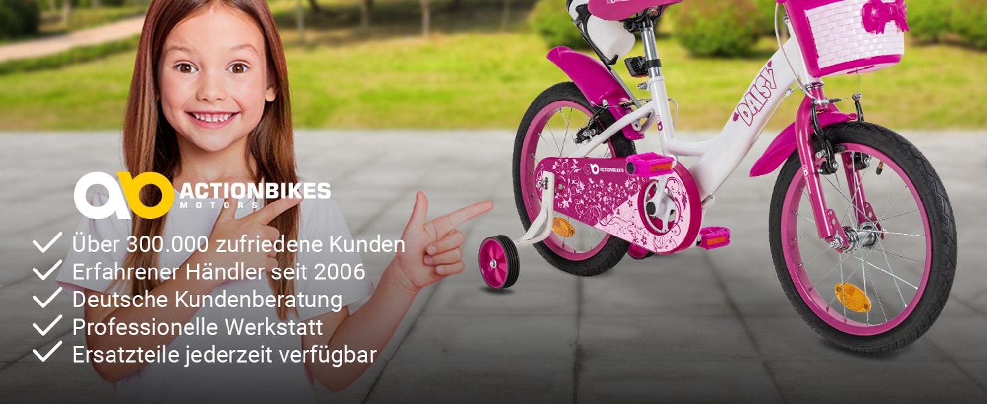 Actionbikes Kinderfahrrad Daisy 16 Zoll | Kinder Fahrrad - V-Brake Bremsen - Kettenschutz - Fahrradständer - Stützräder - Mädchenfahrrad - 4-7 Jahre